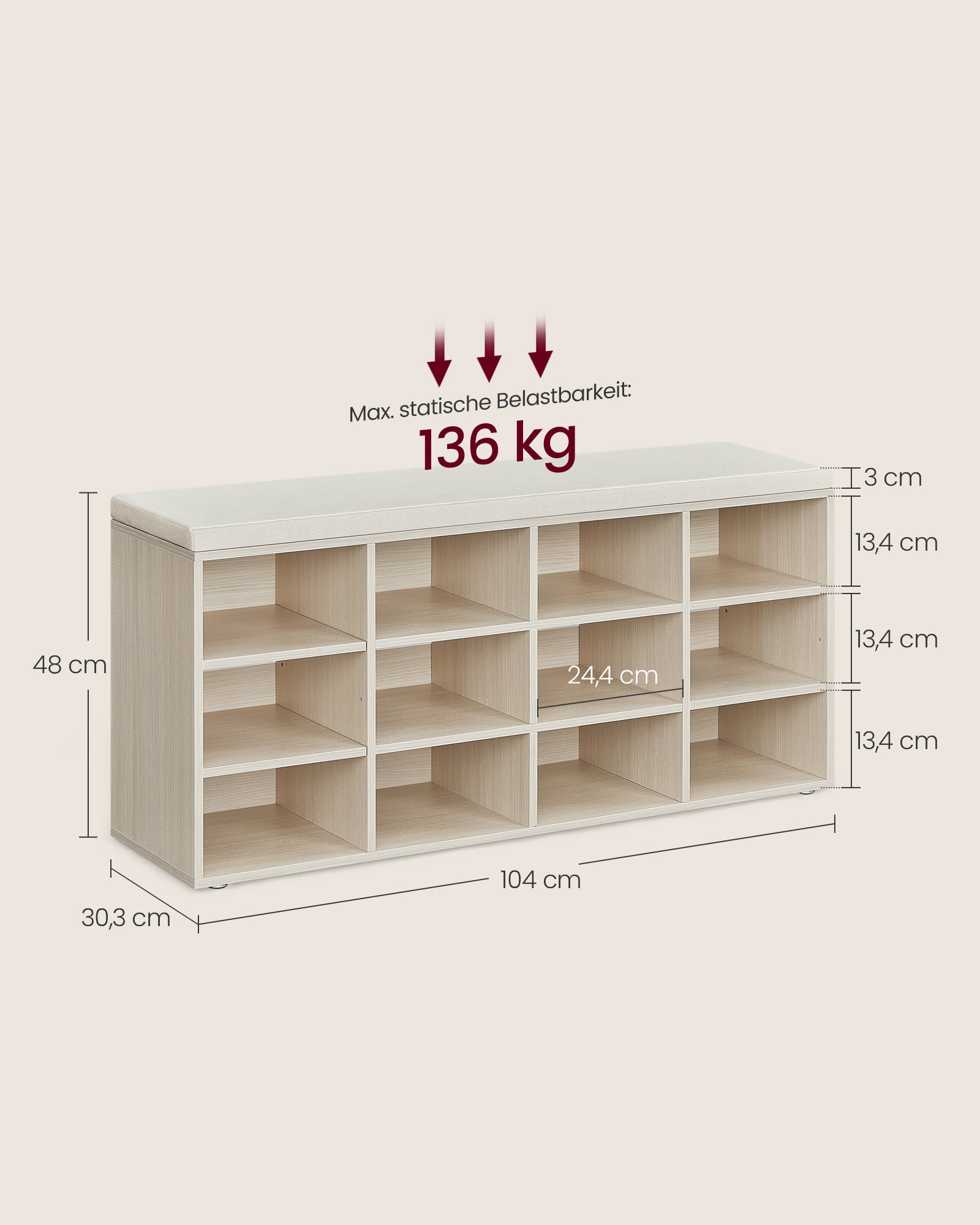 Schoenenrek met zitting – 30,3 x 104 x 48 cm – naturel beige