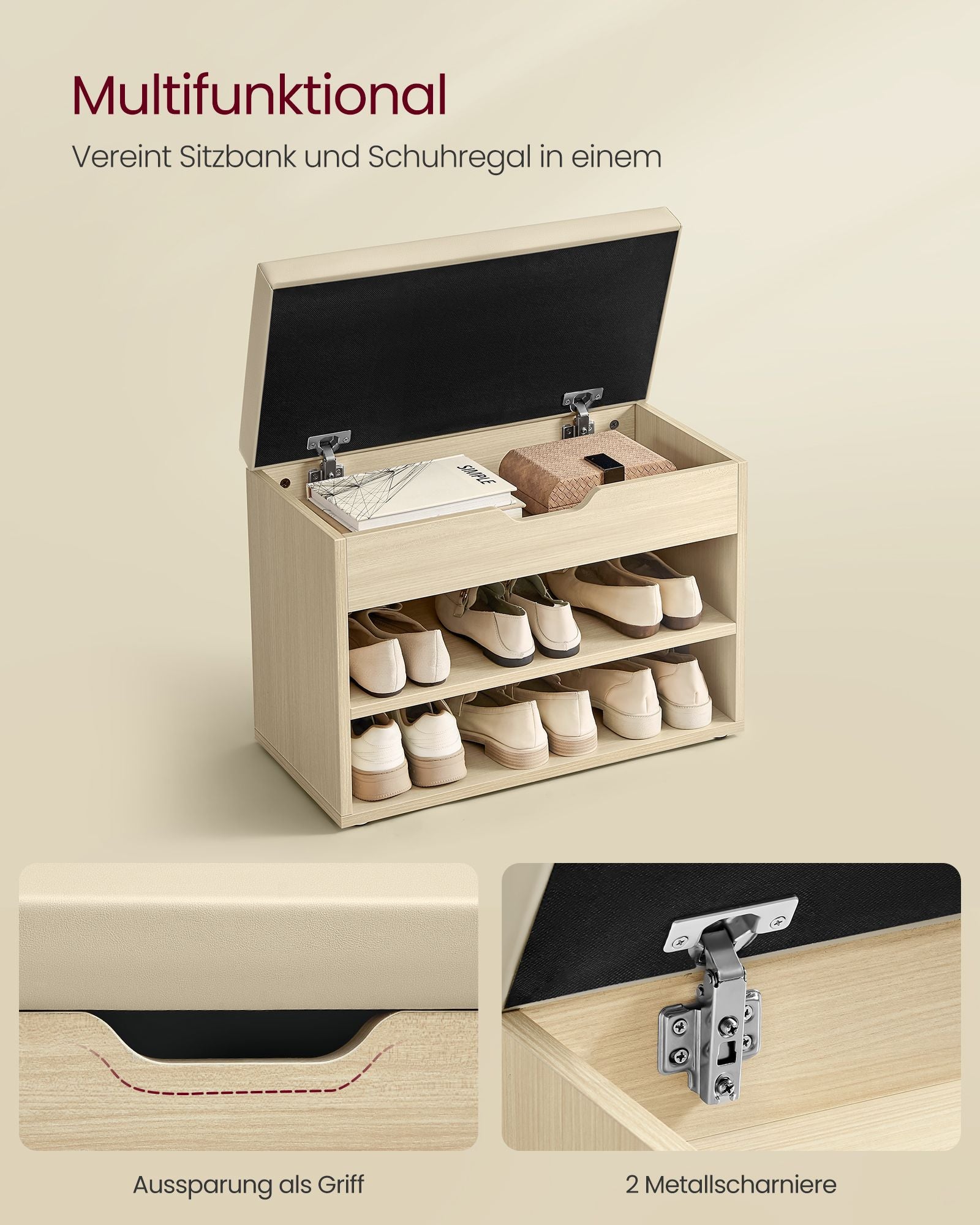 Schoenenbank met kussens – compact en stijlvol – naturel beige