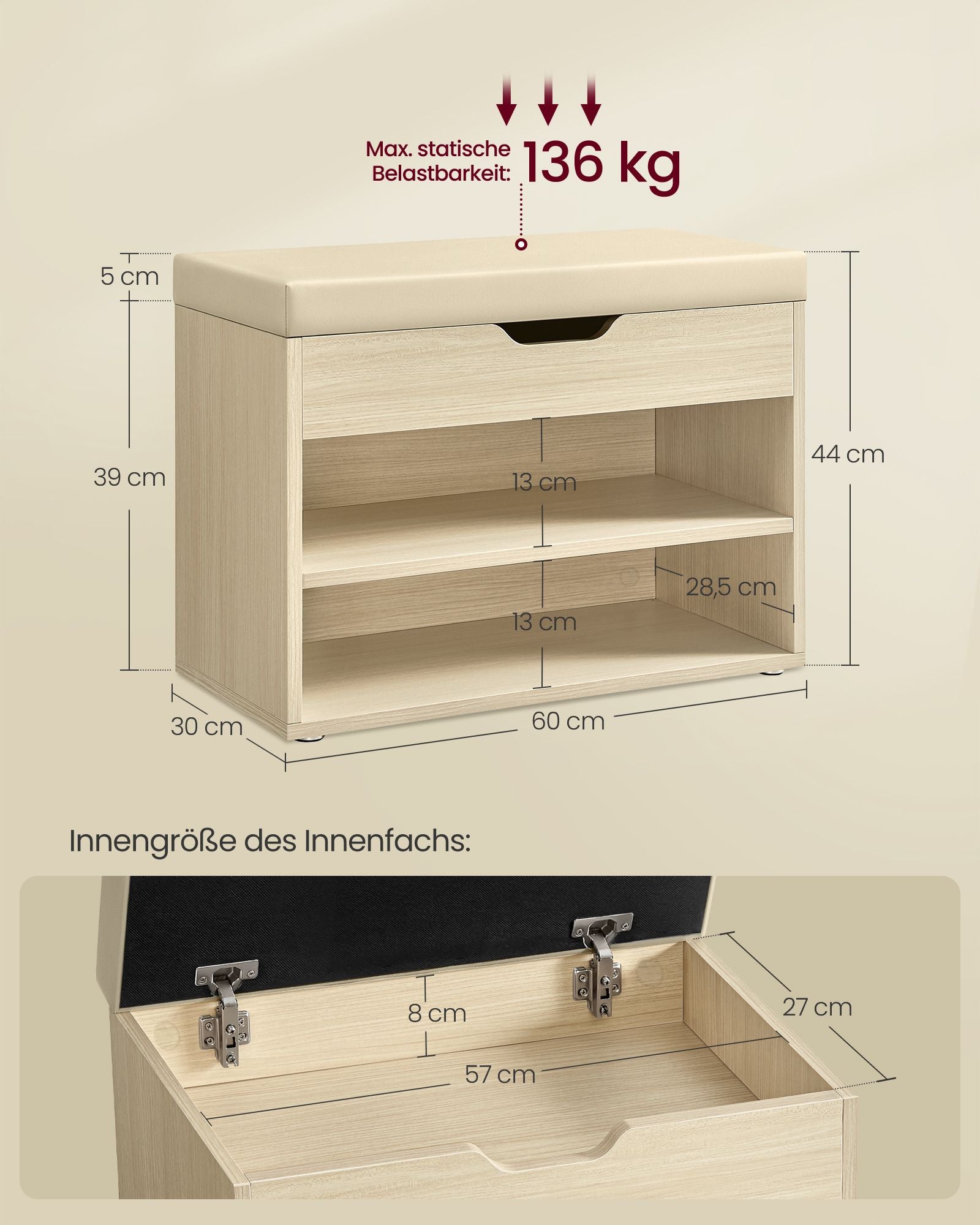 Schoenenbank met opbergruimte – 2 open vakken – 30 x 60 x 44 cm – Tot 136 kg belastbaar