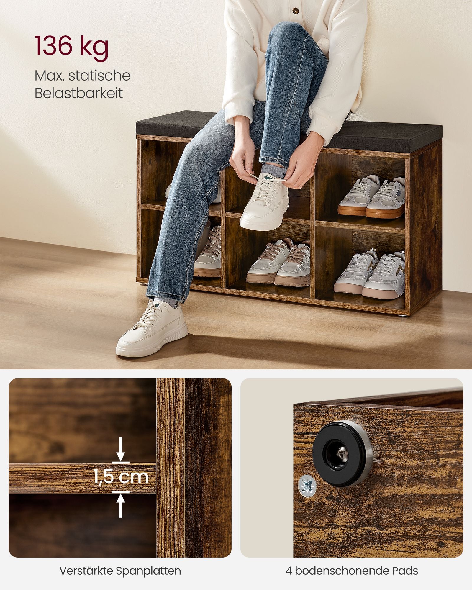 Schoenenrek met Zitje – Vintage Bruin – 30 x 87 x 48 cm