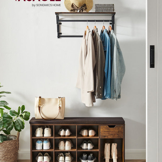 Schoenenbank – Met lade en open compartimenten – Vintage bruin – 30 x 104 x 48 cm