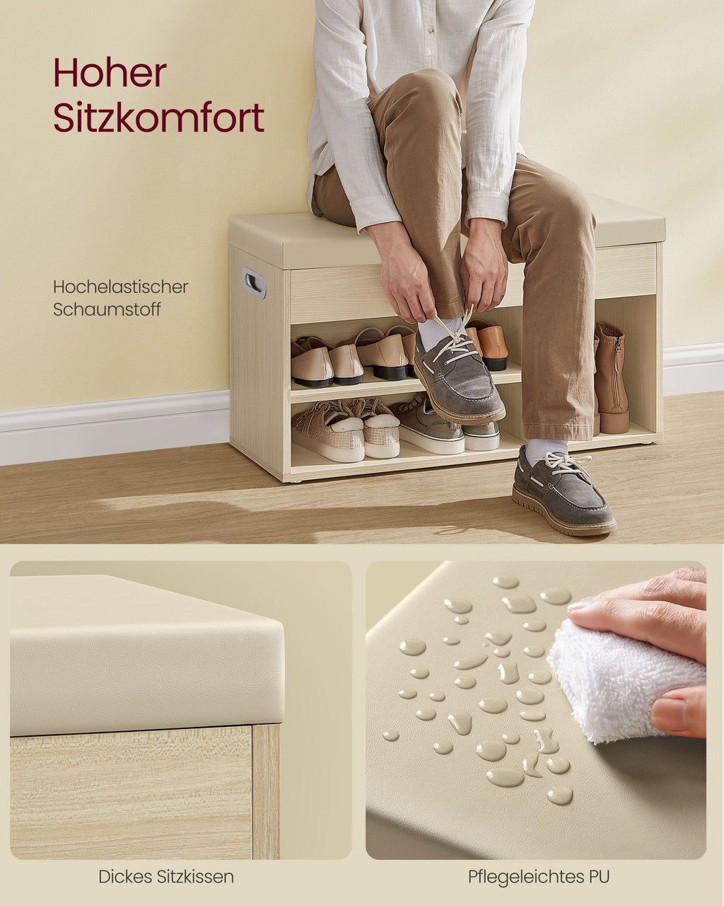 Schoenenbank Met 3 Open Vakken, Naturel Beige
