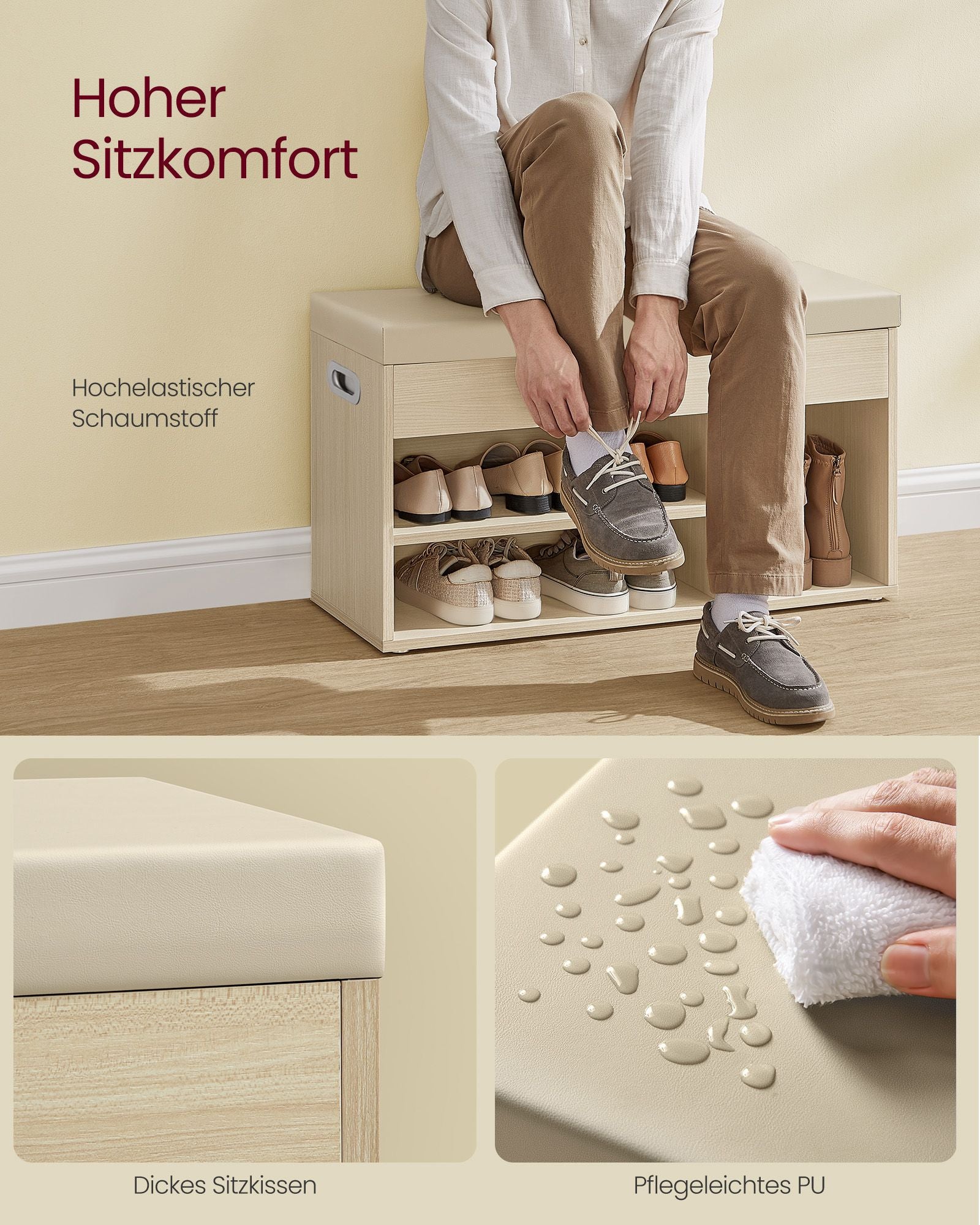 Schoenenbank – 30 x 80 x 44 cm – Naturel beige – 150 kg draagvermogen