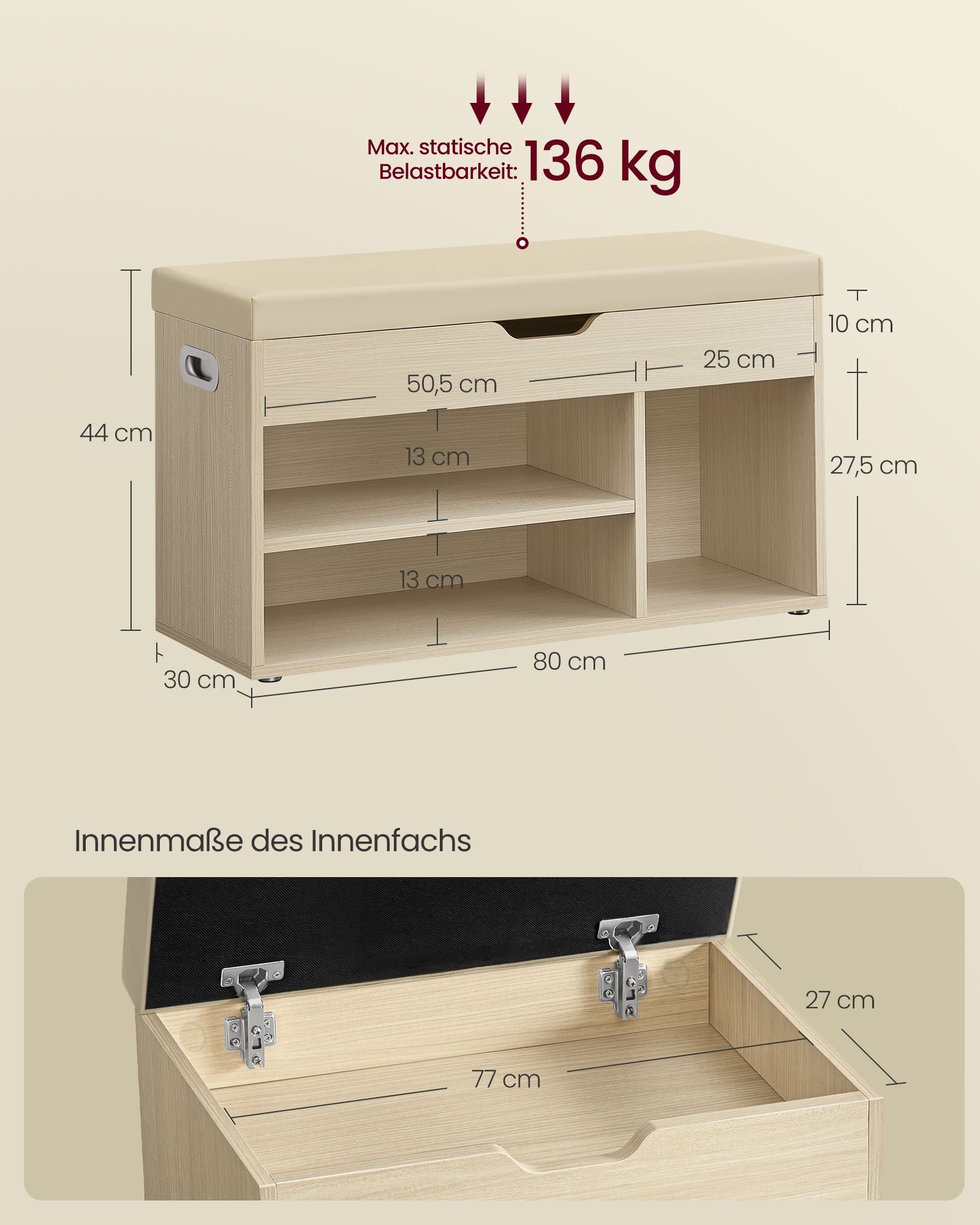 Schoenenbank Met 3 Open Vakken, Naturel Beige