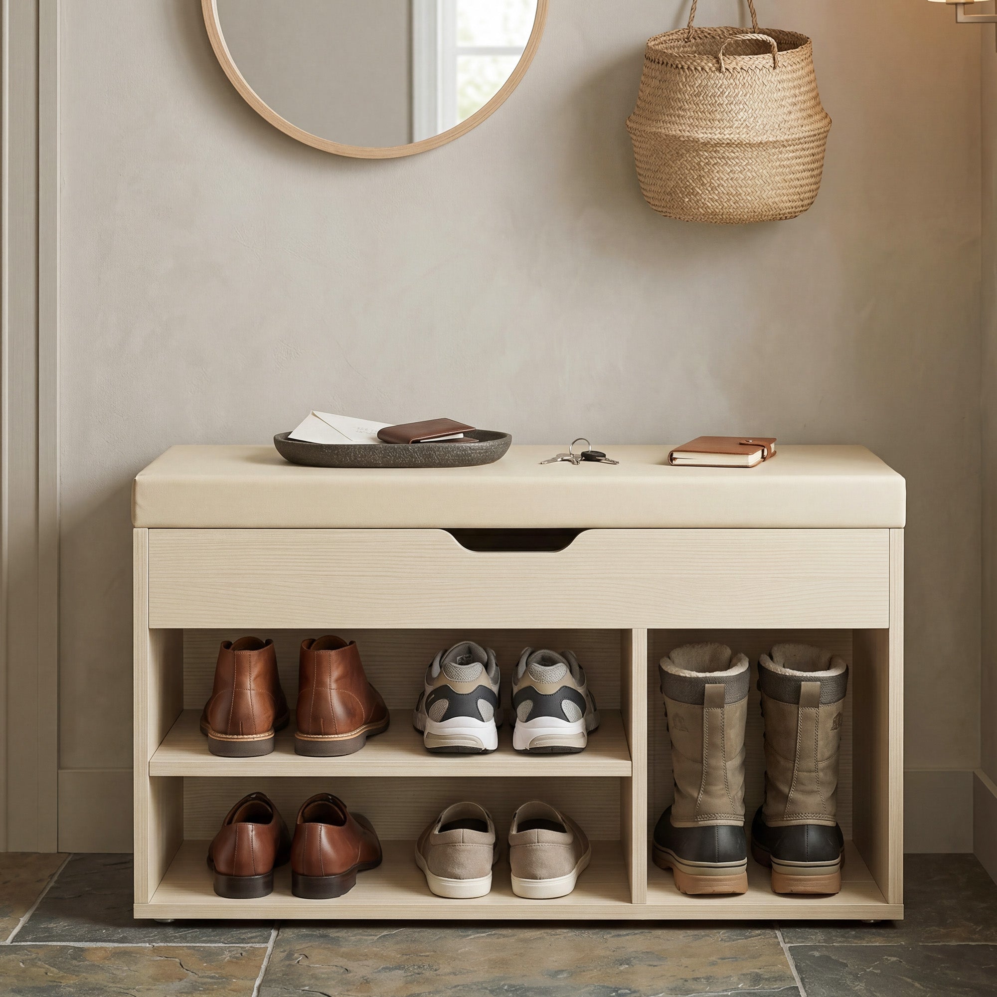 Schoenenbank - Met Zitkussen en Opbergruimte - Naturelbeige en cappuccinobeige - 30,3 x 80 x 44 cm