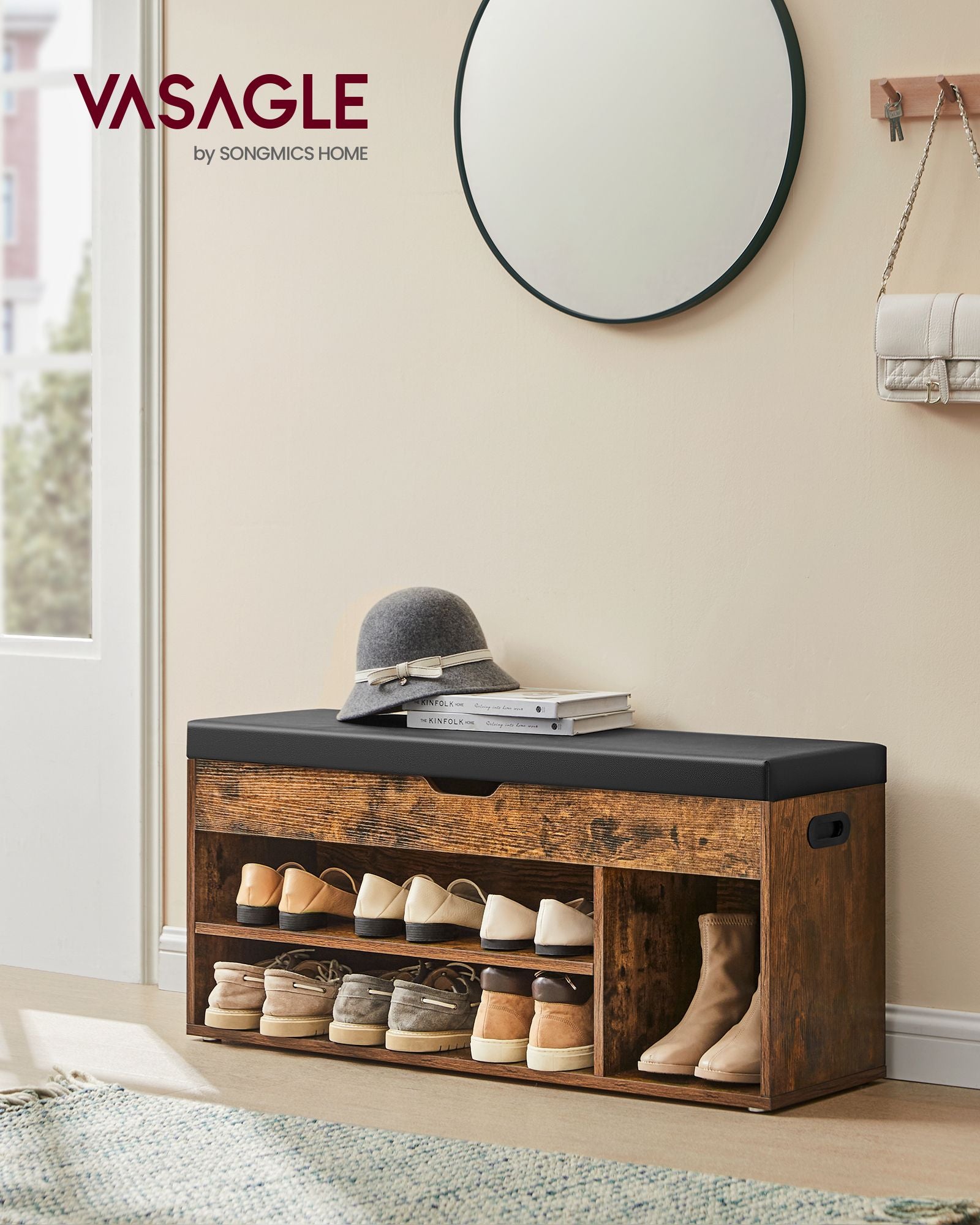 Schoenenbank – met zitting bekleed – vintage bruin