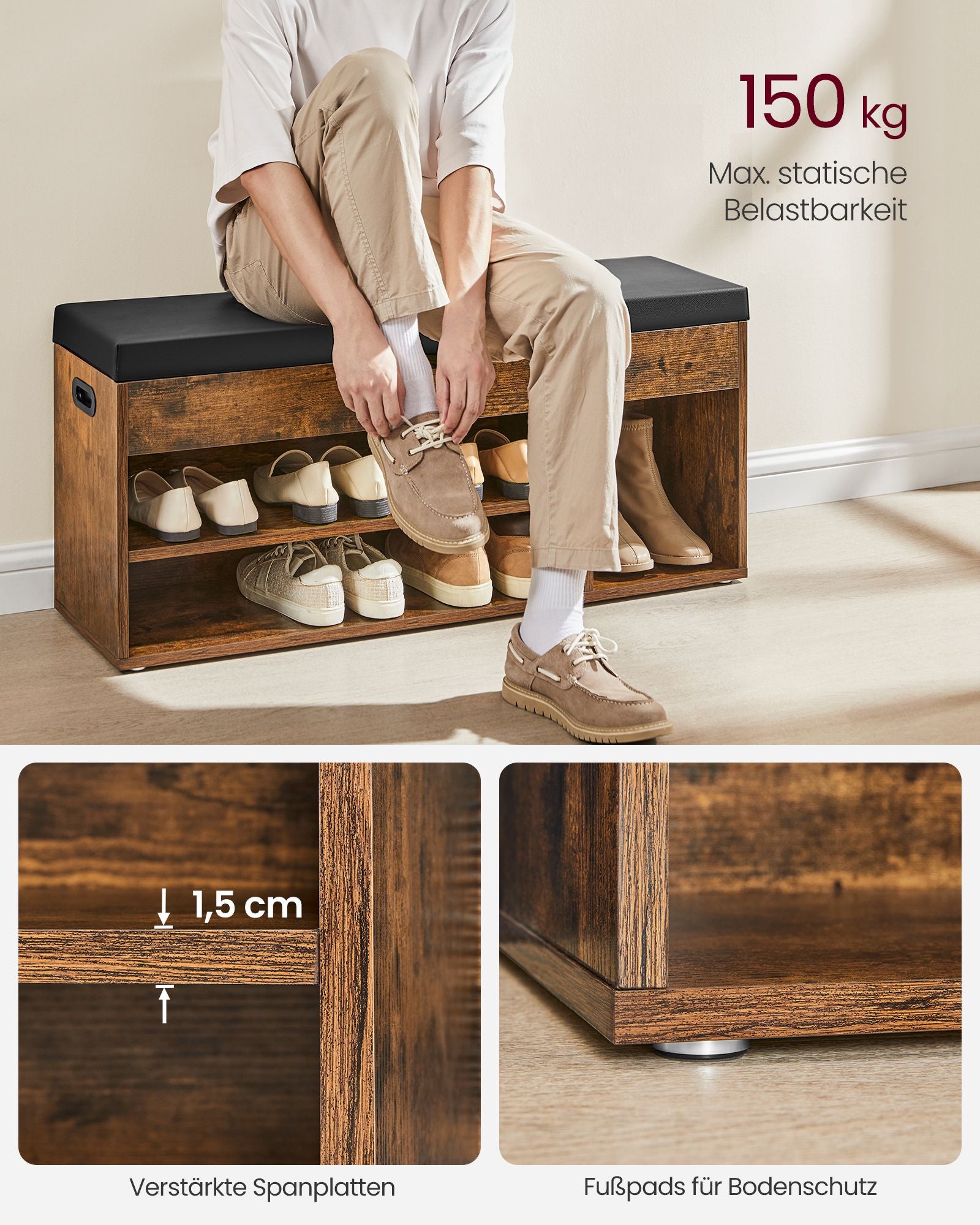 Schoenenbank – met zitting bekleed – vintage bruin