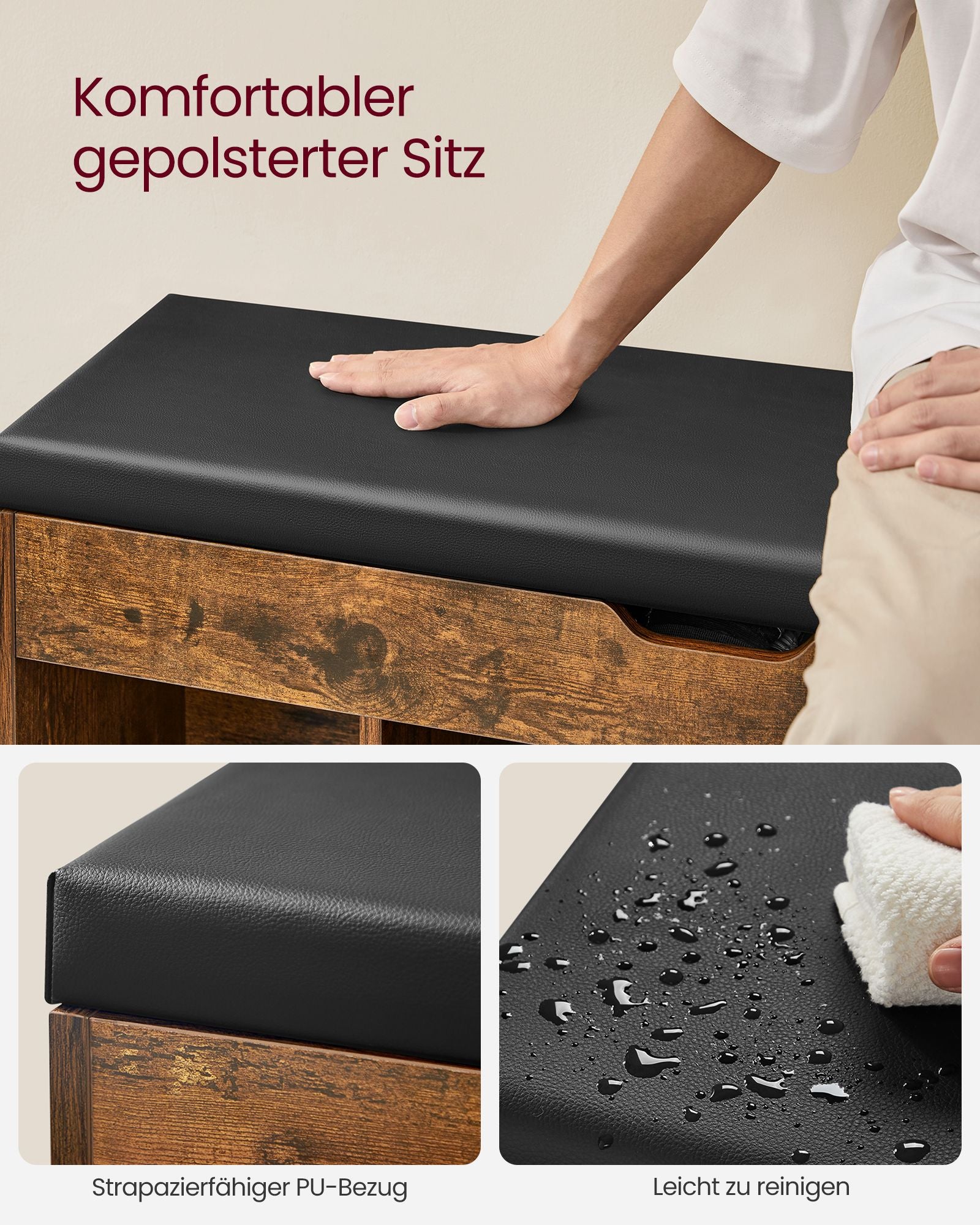 Schoenenbank – met zitting bekleed – vintage bruin