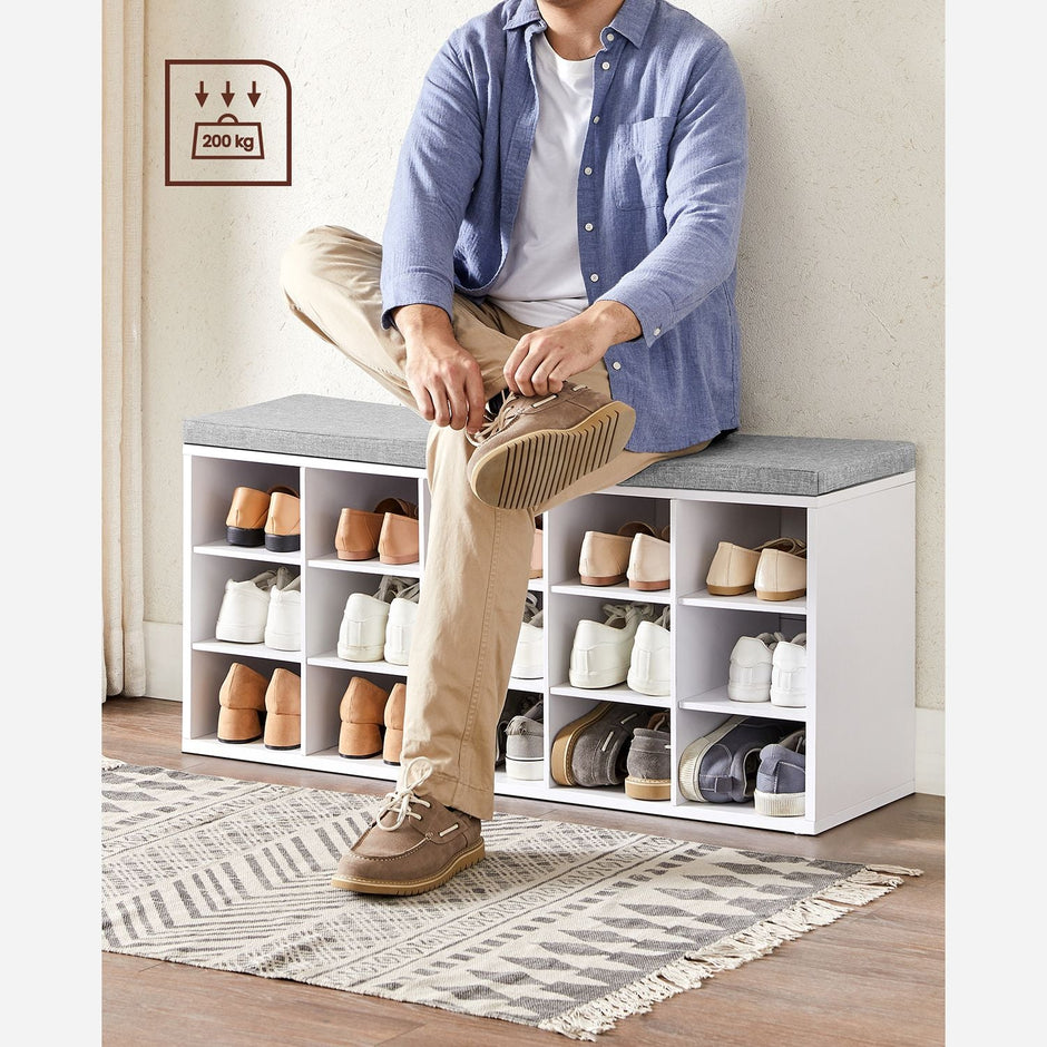 Schoenenbank – 15 opbergvakken – Gevoerd bankje – Maximaal 200 kg