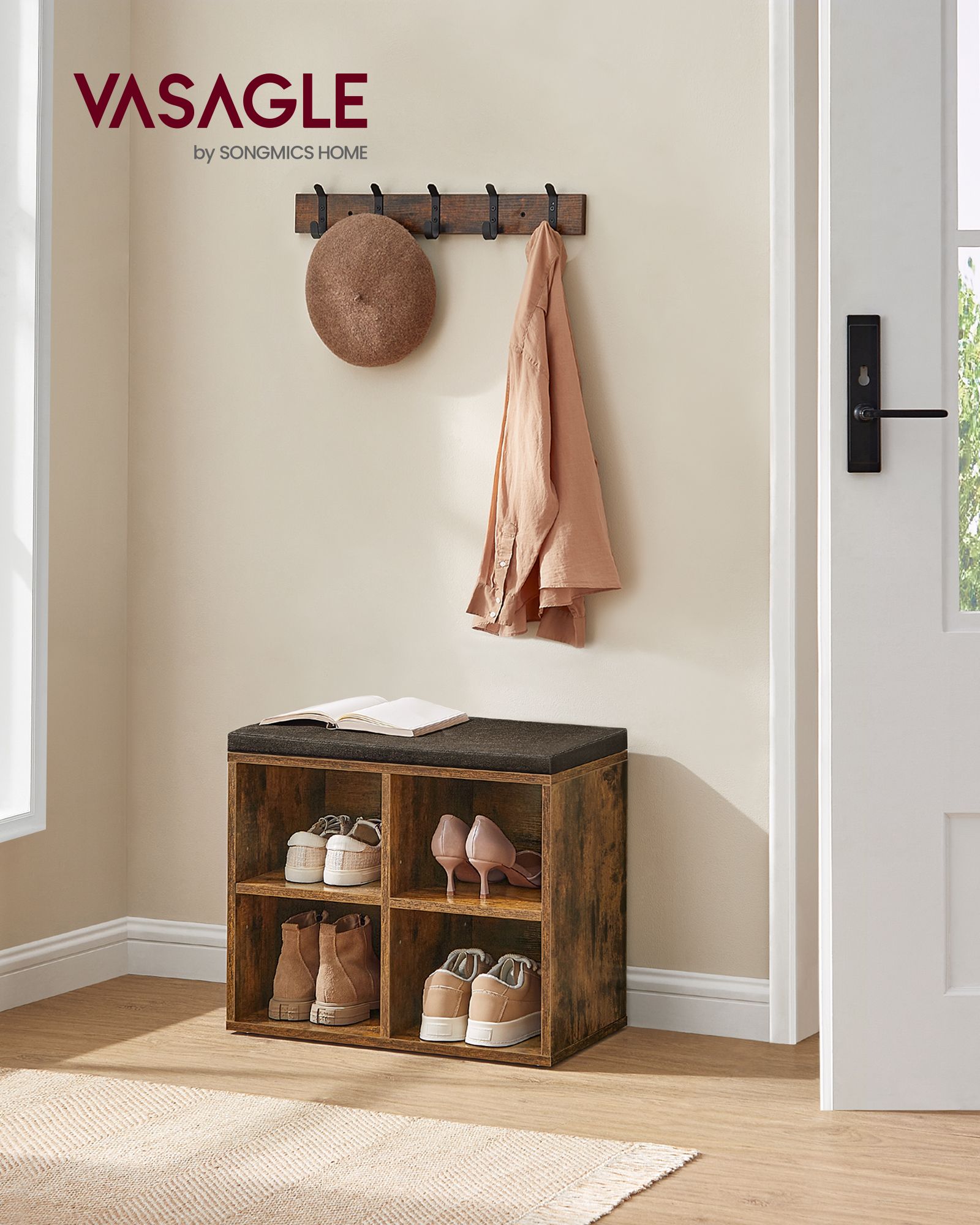 Schoenenbank met kussen – Vintage bruin – Voor 4 paar schoenen