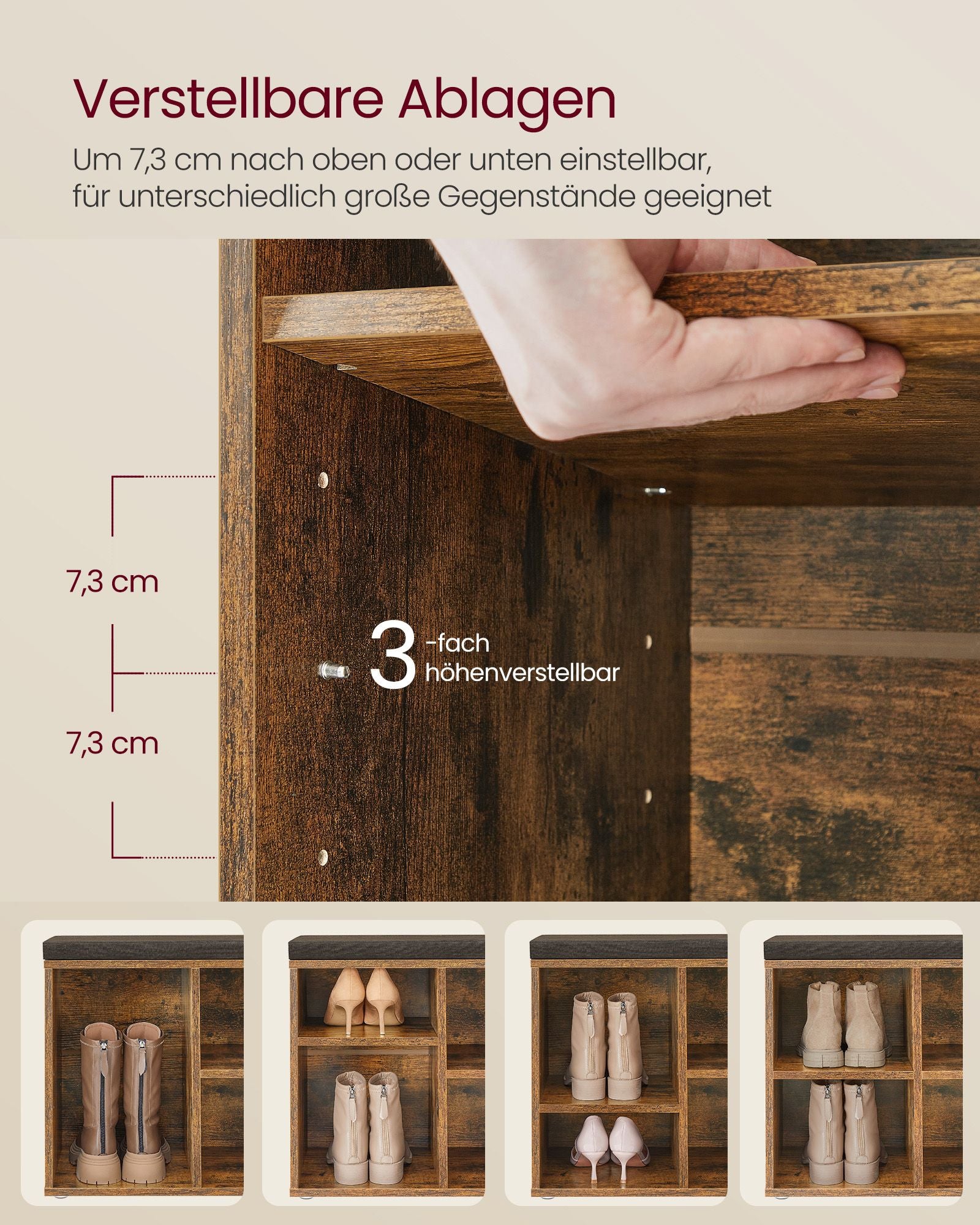 Schoenenbank met kussen – Vintage bruin – Voor 4 paar schoenen