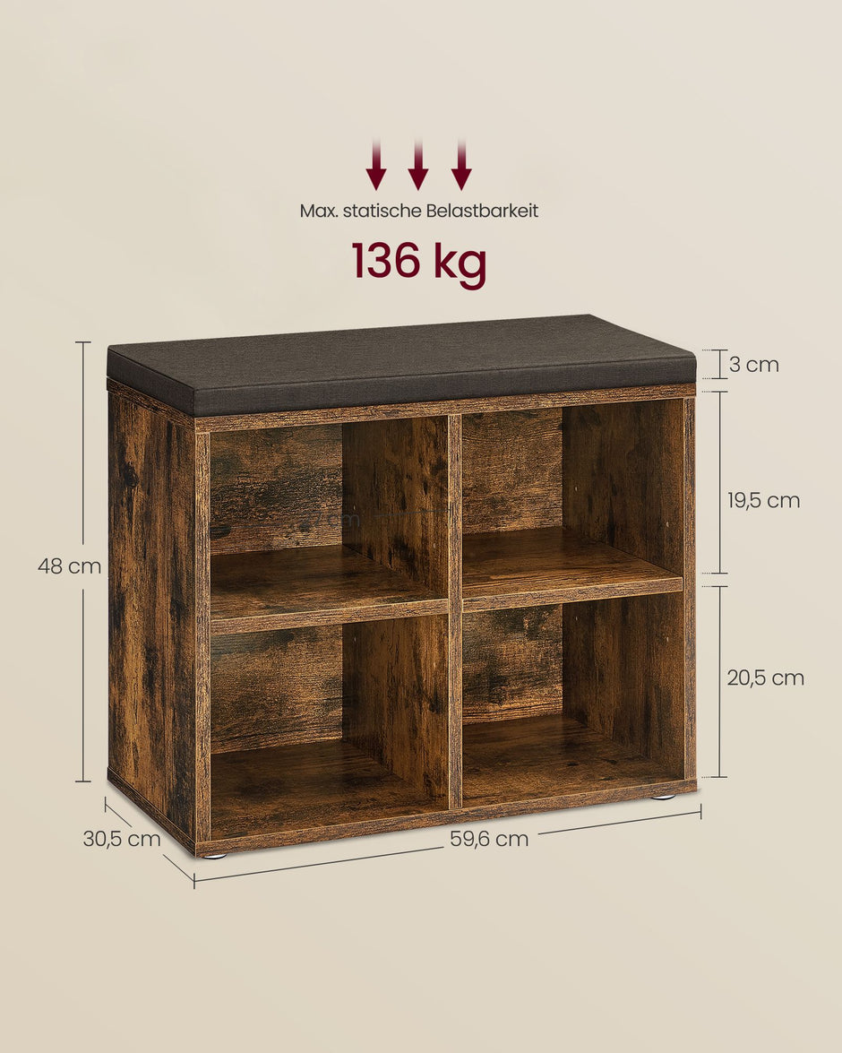 Schoenenbank met kussen – Vintage bruin – Voor 4 paar schoenen