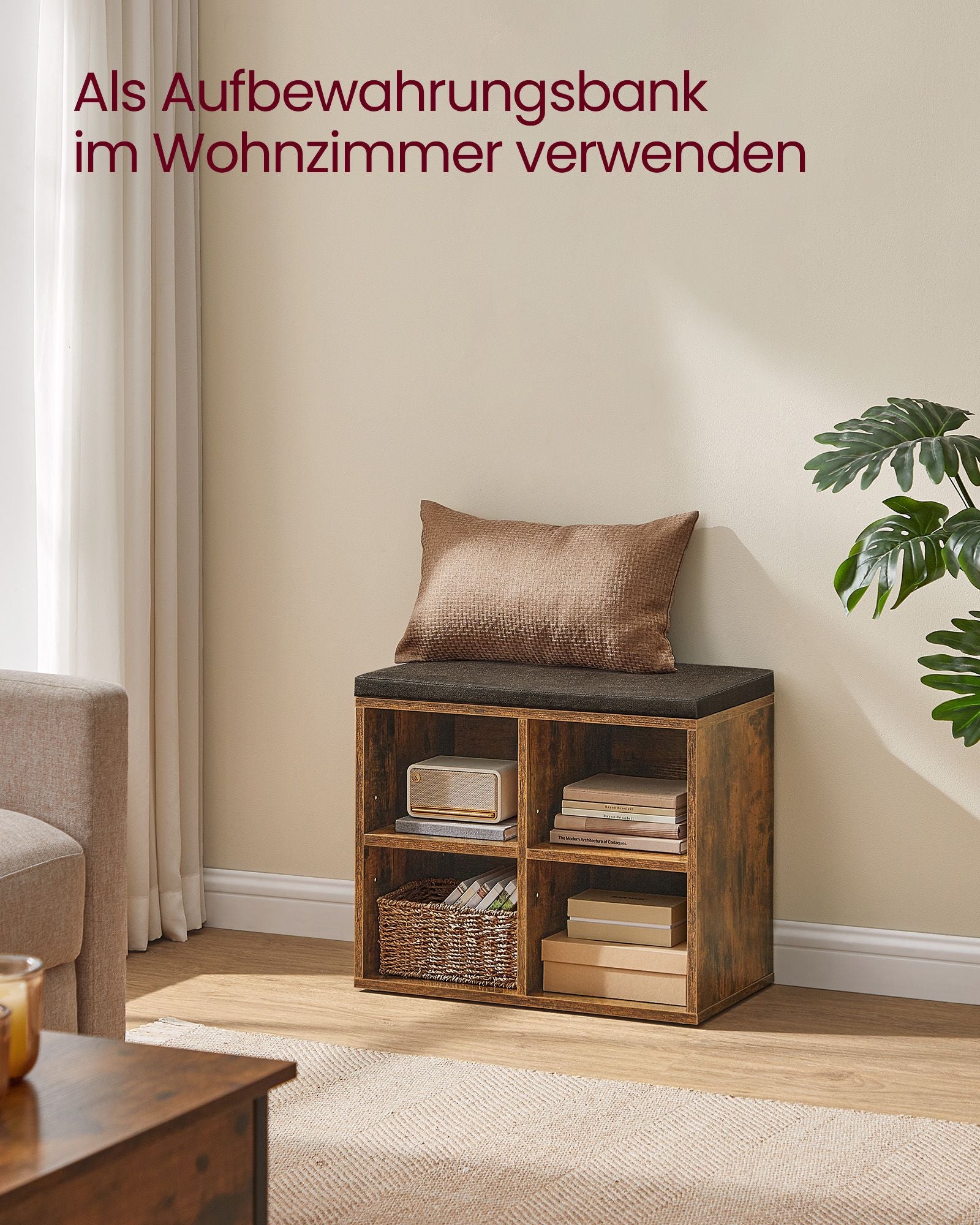 Schoenenbank met kussen – Vintage bruin – Voor 4 paar schoenen