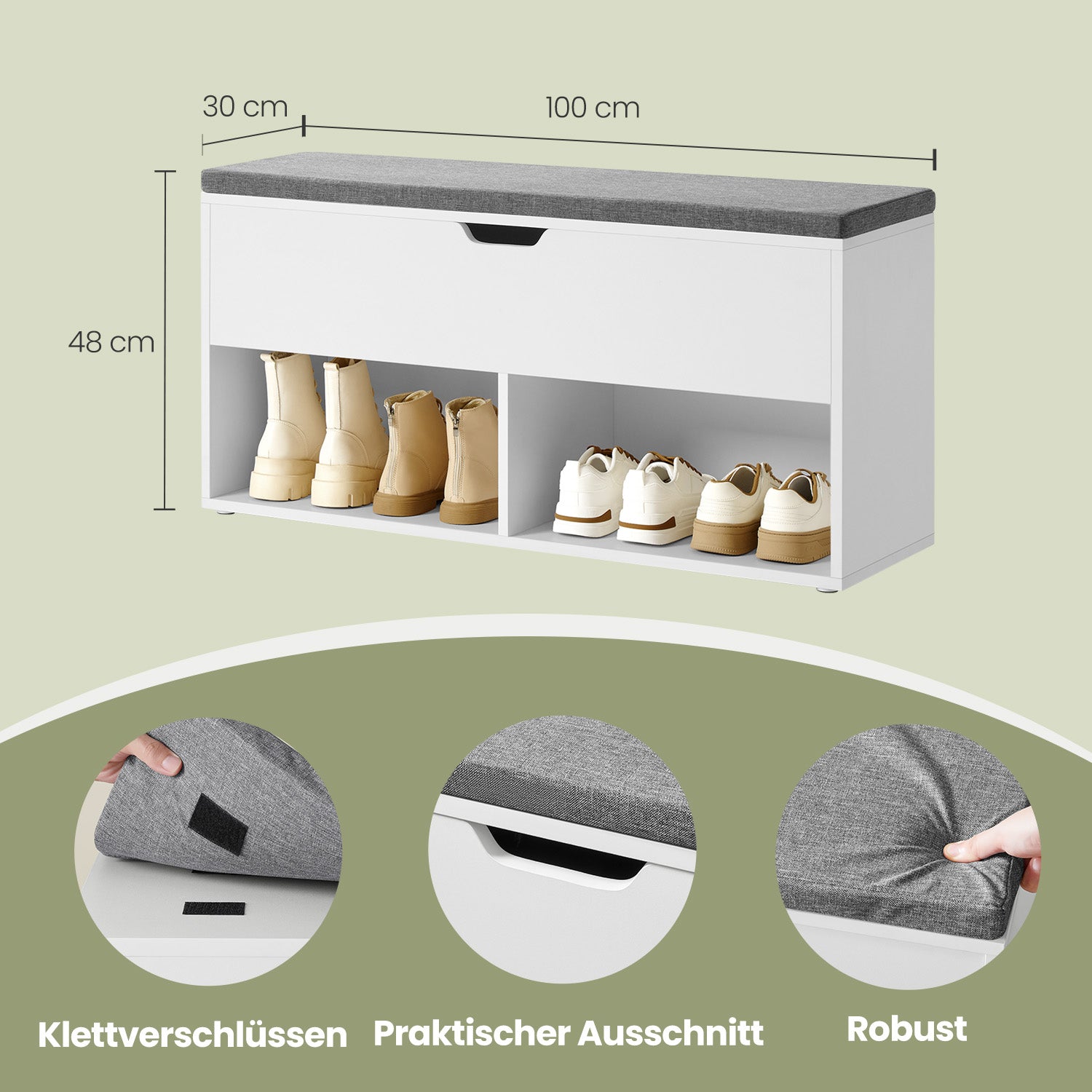 Bank met 2 vakken, schoenenbank met opbergruimte onder deksel, 100 x 30 x 48 cm