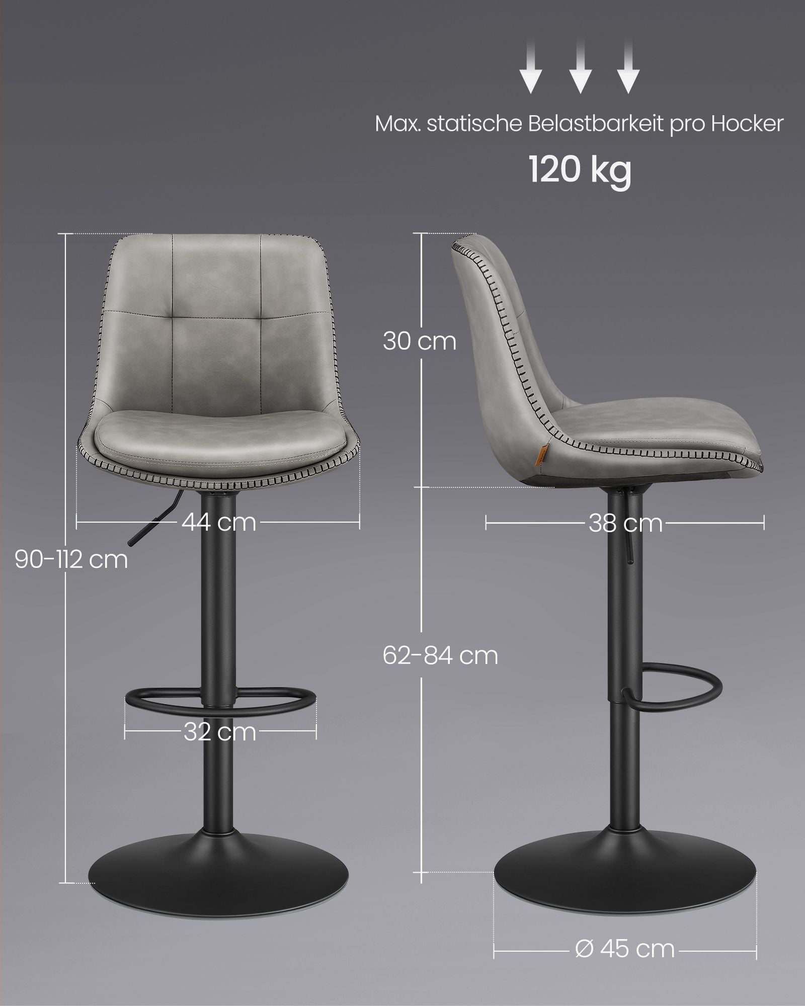 Barkruk – set van 2 – met voetsteun – duifgrijs