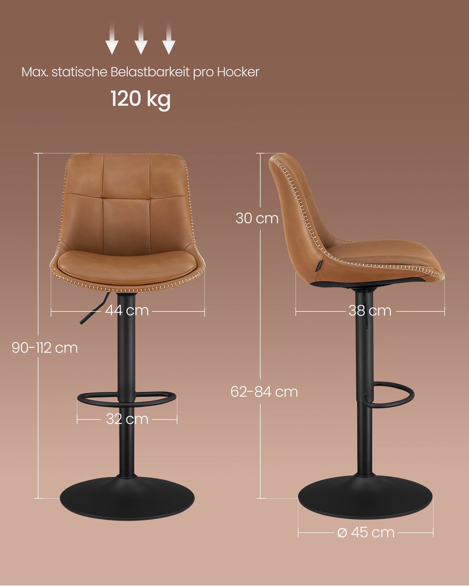 Barkruk – set van 2 – met rugleuning – karamelbruin