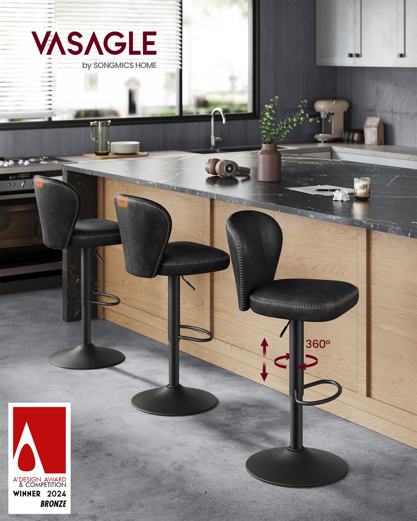 Barkruk – Zwart - Verstelbaar (94–115 cm) – Met rugleuning – Zithoogte 103 cm – Staal en PU-kunstleer