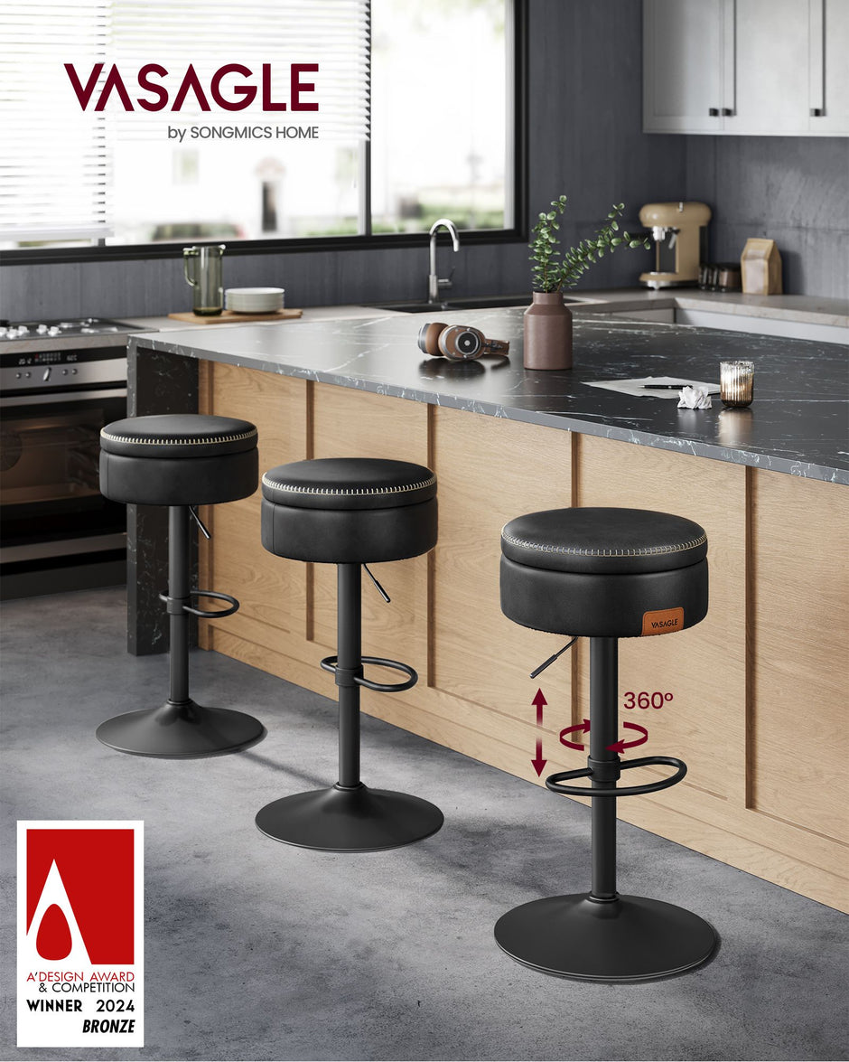 Barkruk – met Opbergruimte – Verstelbaar (61,5–81 cm) – 360° roteerbaar– Inktzwart