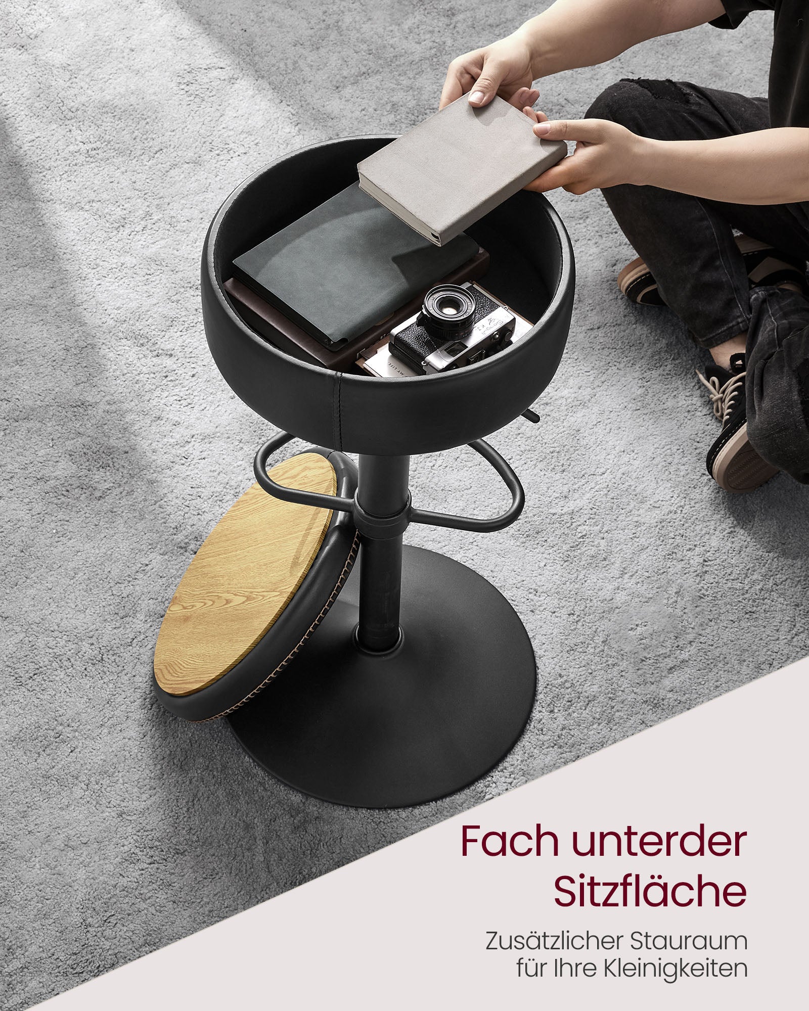 Barkruk – met Opbergruimte – Verstelbaar (61,5–81 cm) – 360° roteerbaar– Inktzwart