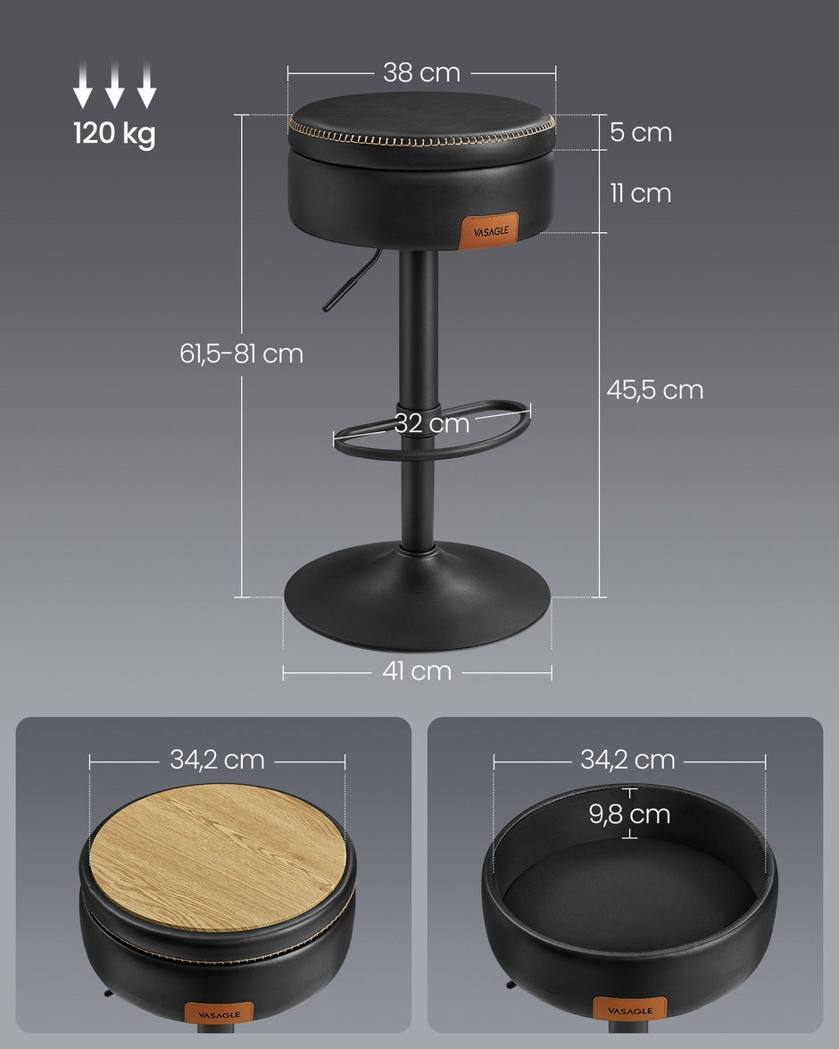 Barkruk – met Opbergruimte – Verstelbaar (61,5–81 cm) – 360° roteerbaar– Inktzwart