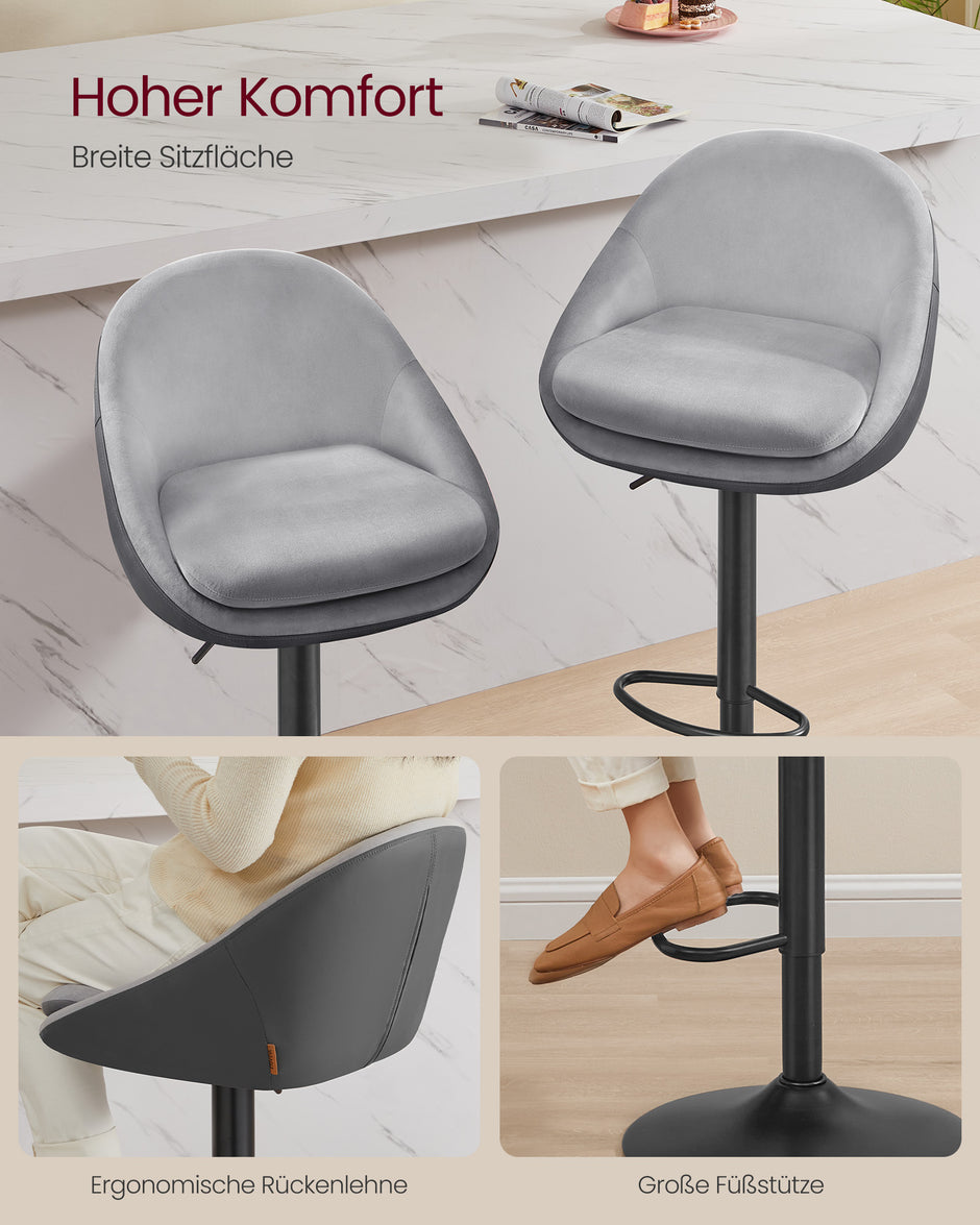 Barkruk Set van 2 – Hoogte Verstelbaar – Fluweel – Duifgrijs Inktzwart