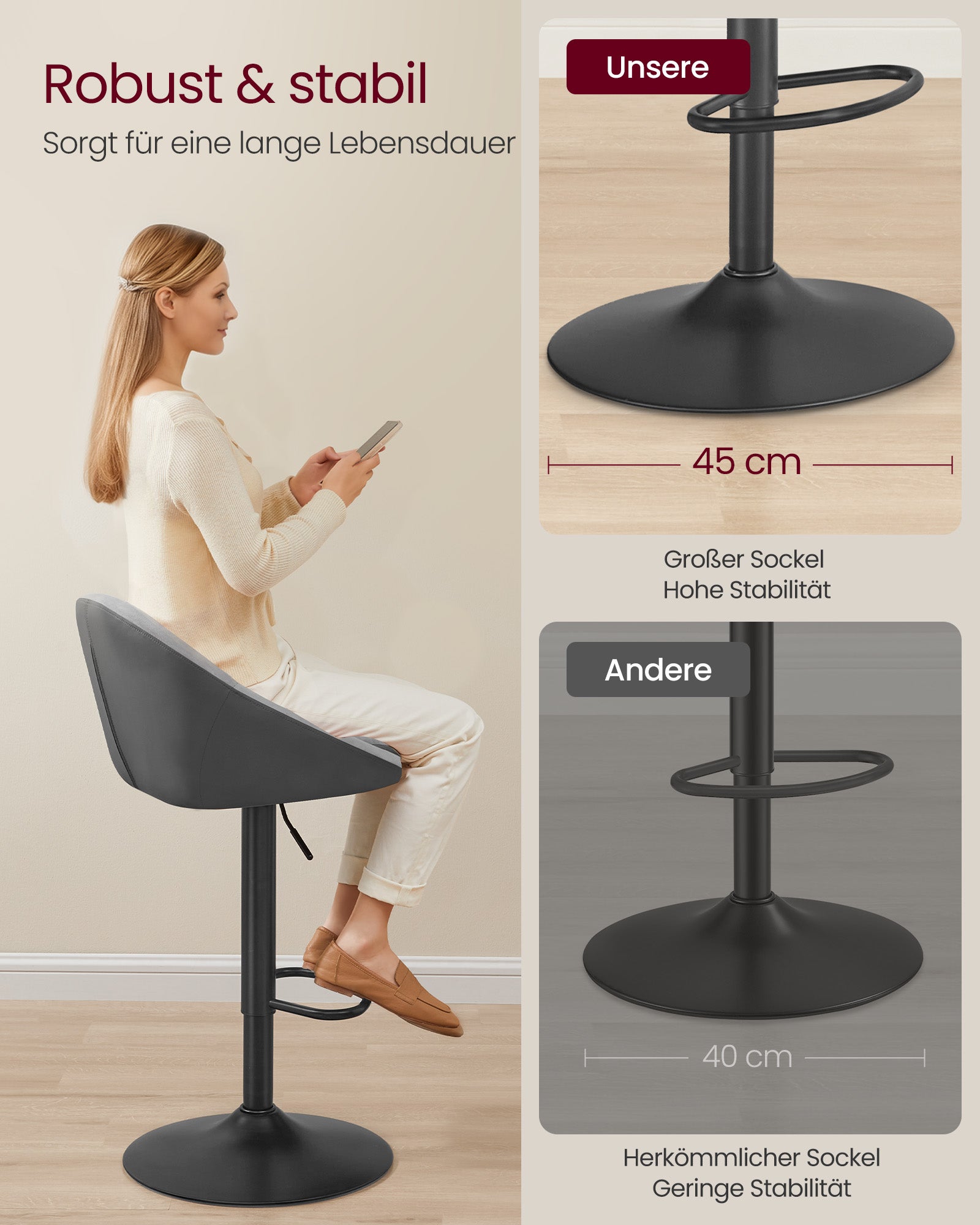 Barkruk Set van 2 – Hoogte Verstelbaar – Fluweel – Duifgrijs Inktzwart