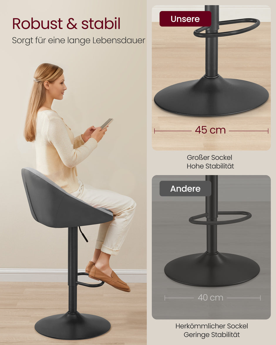 Barkruk Set van 2 – Hoogte Verstelbaar – Fluweel – Duifgrijs Inktzwart