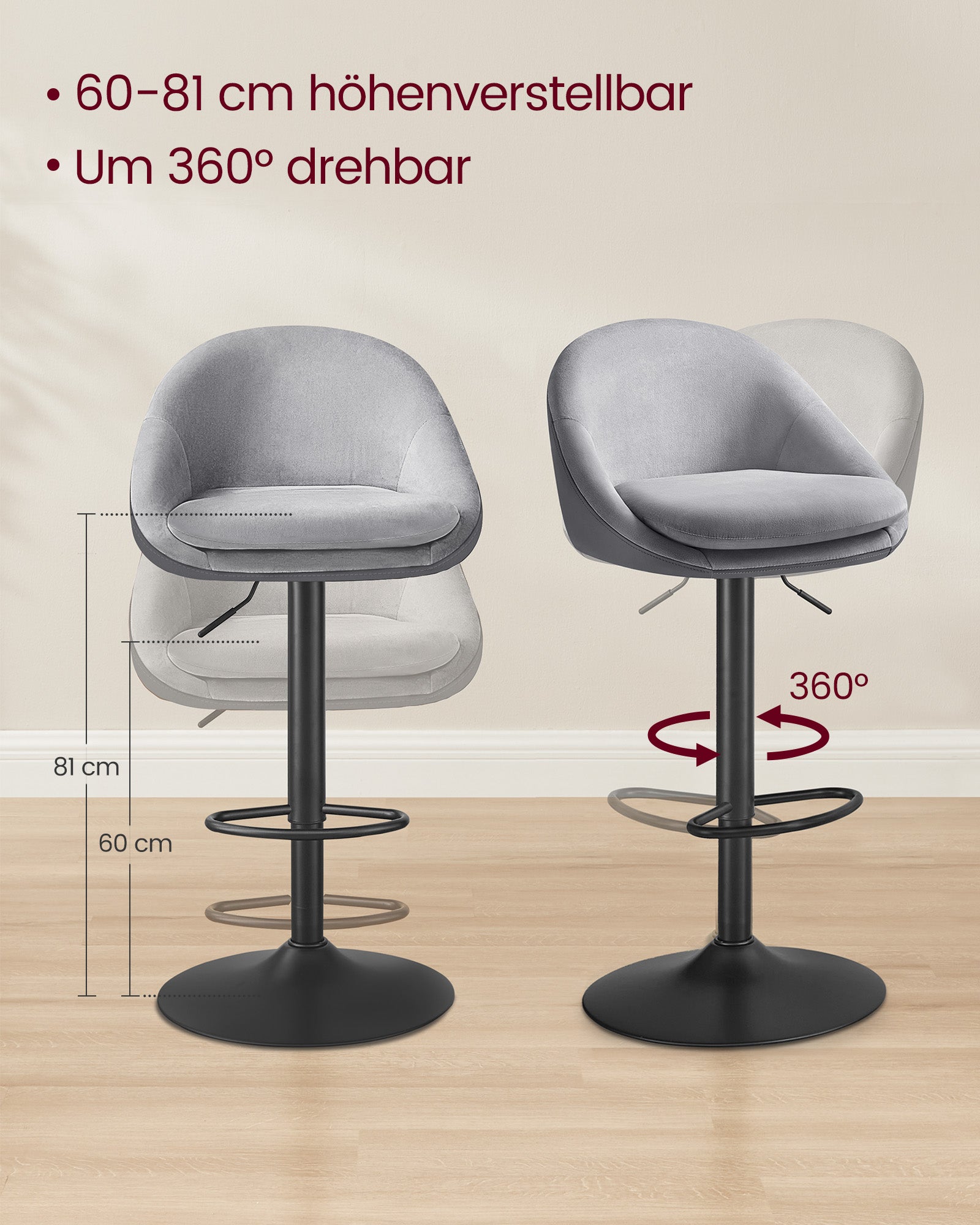 Barkruk Set van 2 – Hoogte Verstelbaar – Fluweel – Duifgrijs Inktzwart