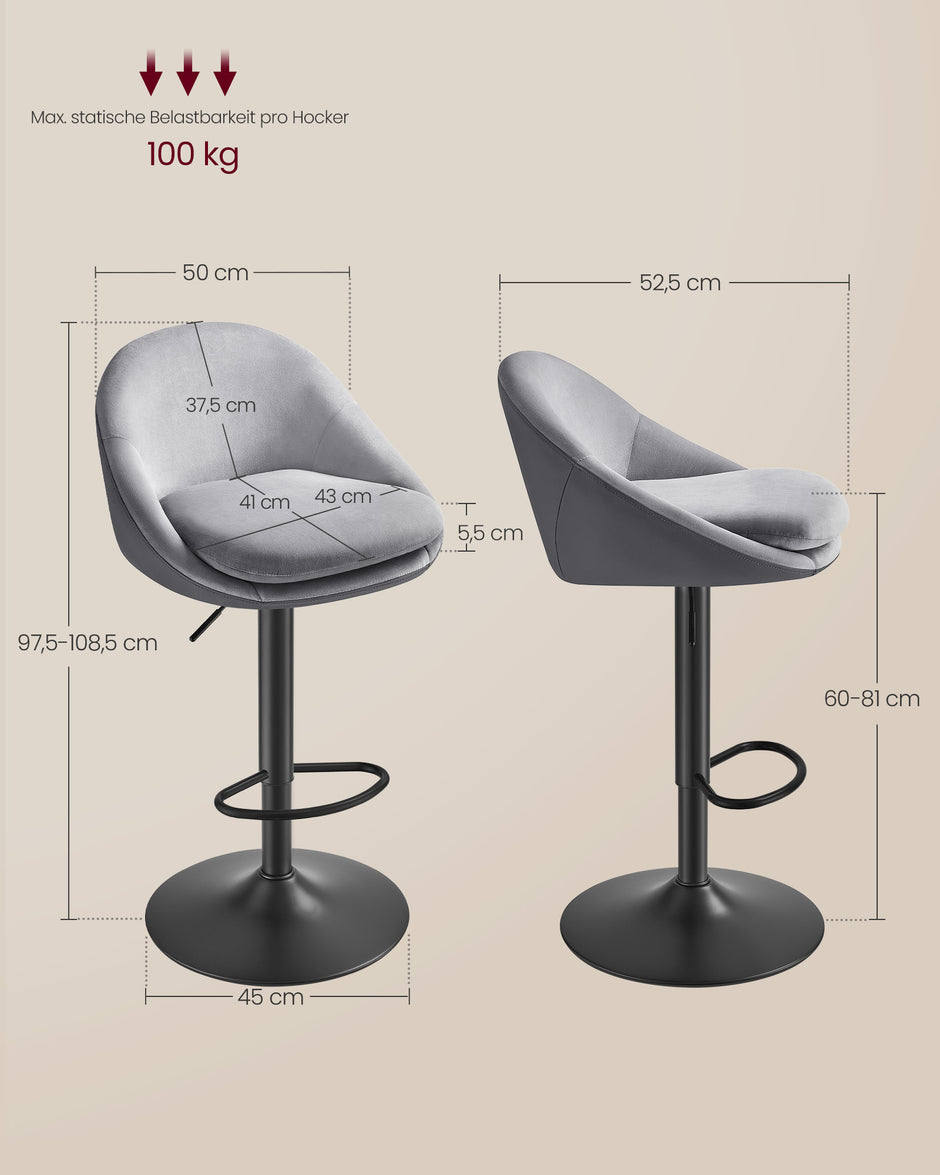 Barkruk Set van 2 – Hoogte Verstelbaar – Fluweel – Duifgrijs Inktzwart