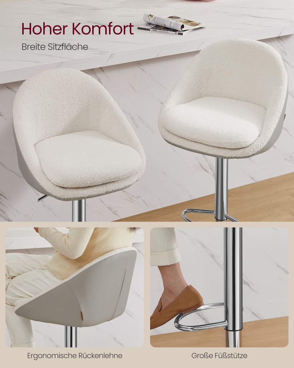 Barkruk – Hoogte verstelbaar 60–81 cm – Met rugleuning – Crèmewit-zilvergrijs