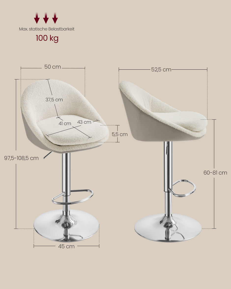 Barkruk – Hoogte verstelbaar 60–81 cm – Met rugleuning – Crèmewit-zilvergrijs