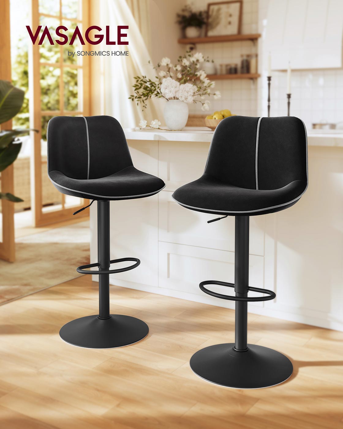 Barkrukset – In hoogte verstelbaar (63–84 cm) – Met rugleuning – 360° draaibaar – Fluwelen bekleding