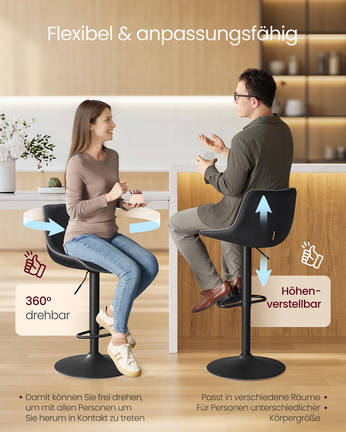 Barkrukset – In hoogte verstelbaar (63–84 cm) – Met rugleuning – 360° draaibaar – Fluwelen bekleding