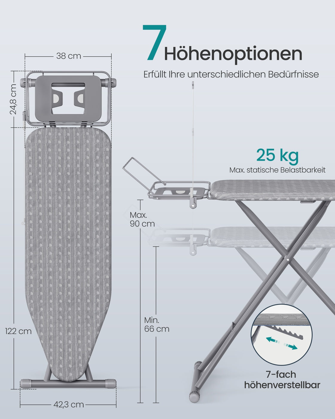 Strijkplank - 122 x 38 cm - In Hoogte Verstelbaar - Opvouwbaar - Grijs