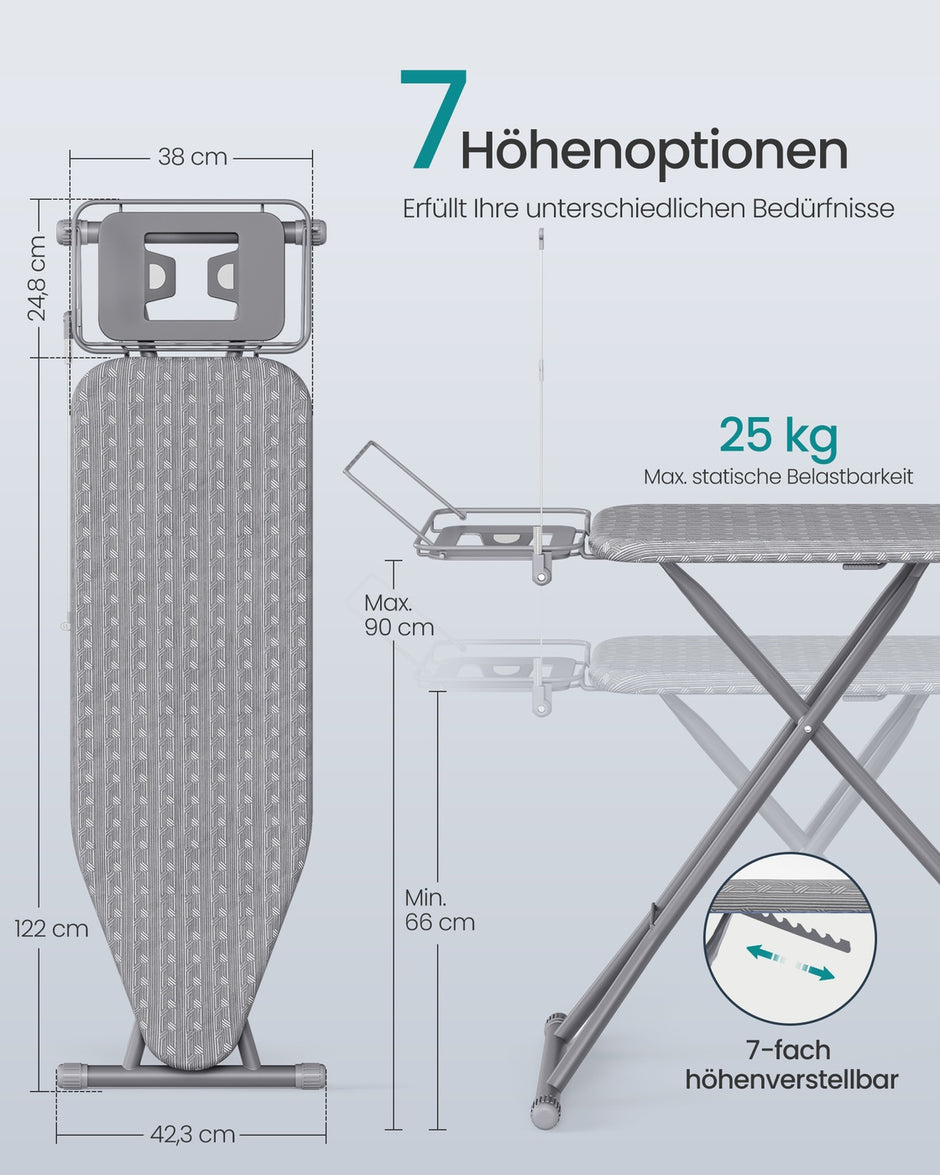Strijkplank - 122 x 38 cm - In Hoogte Verstelbaar - Opvouwbaar - Grijs