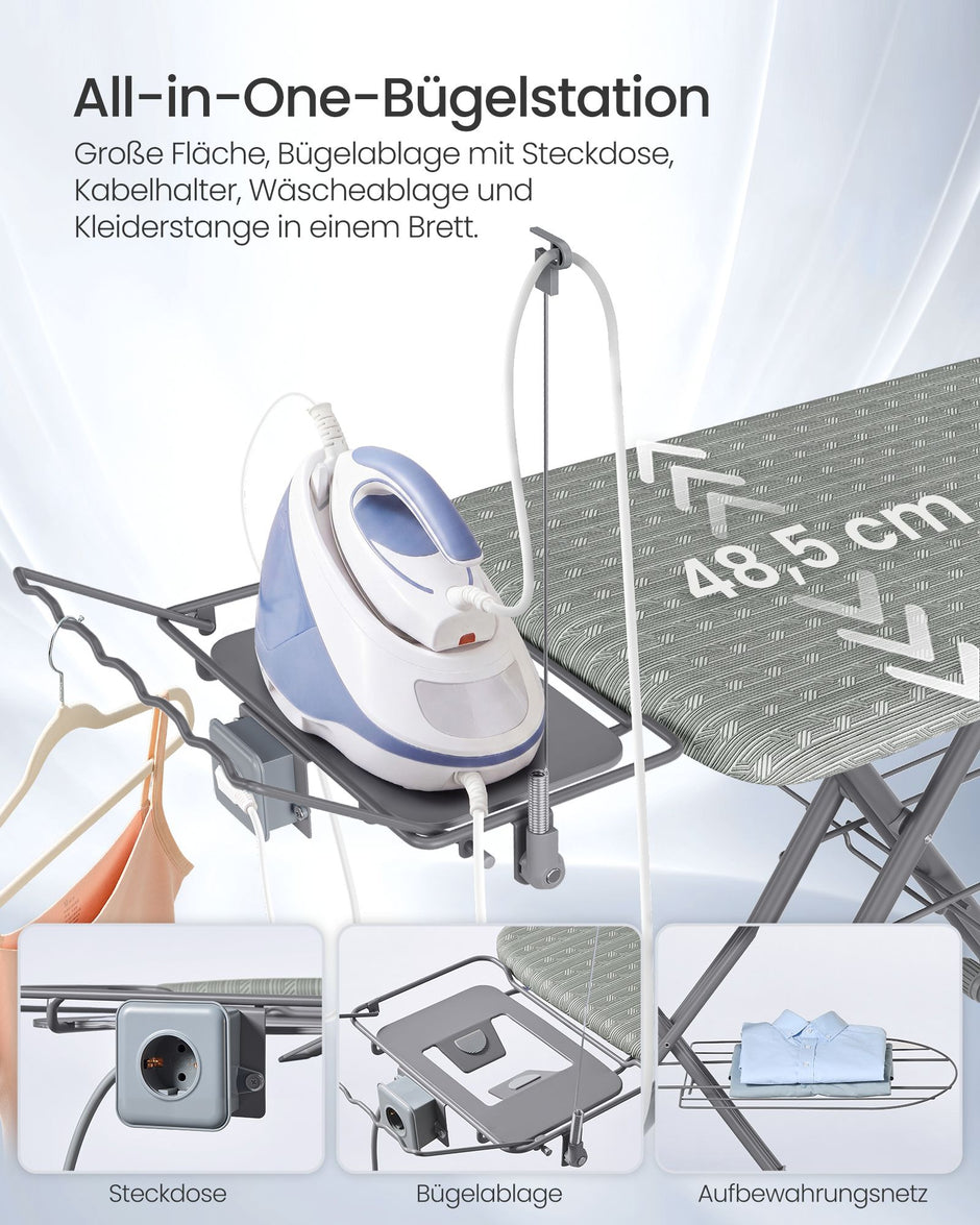 Strijkplank - Met Stopcontact en Ablage - In Hoogte Verstelbaar - Duifgrijs - 166 x 48,5 x 75-92 cm