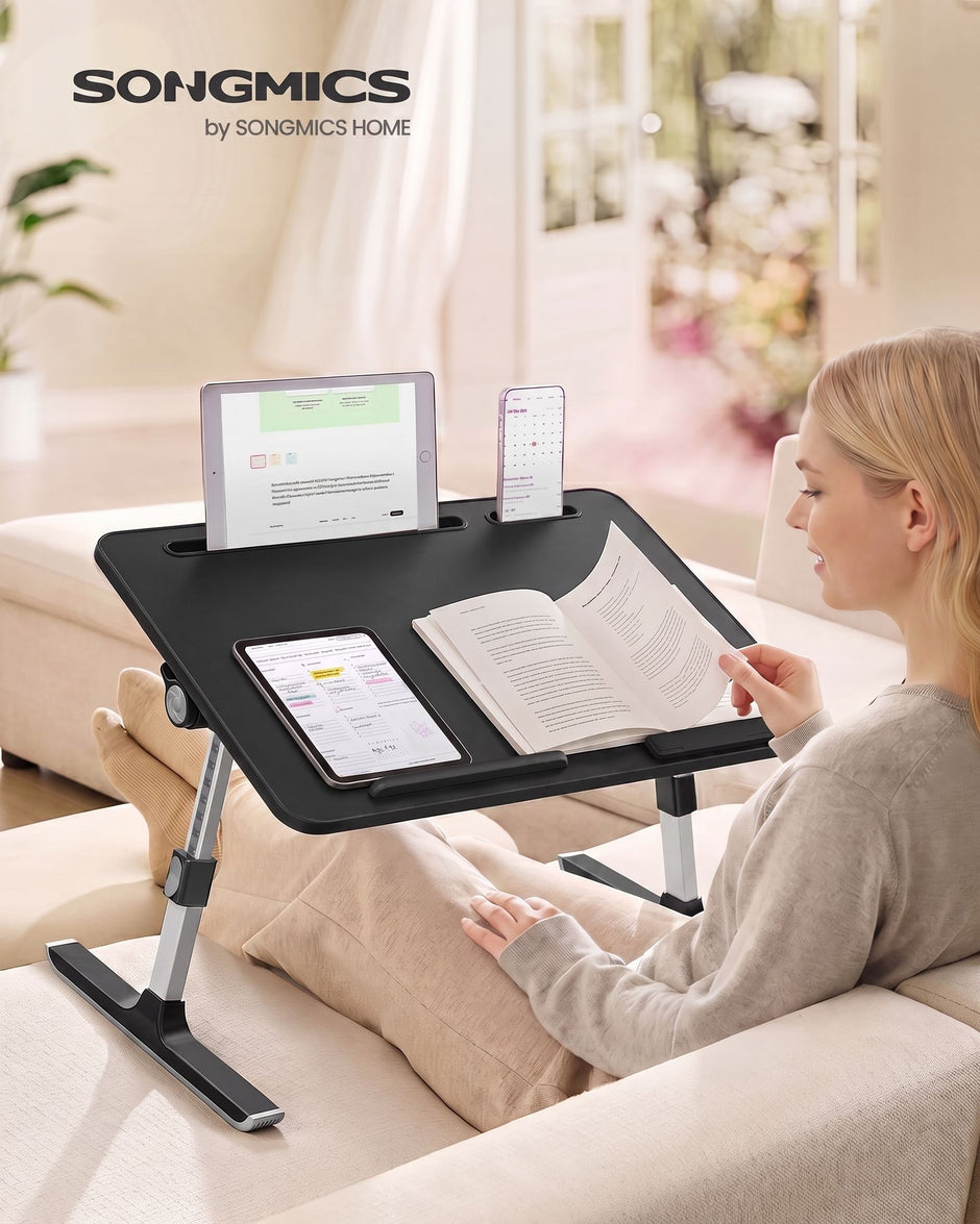Laptoptafel voor op Bed – Aluminium – Met Lade en Tabletsleuf – 60 x 40 x 25 cm – Inktzwart