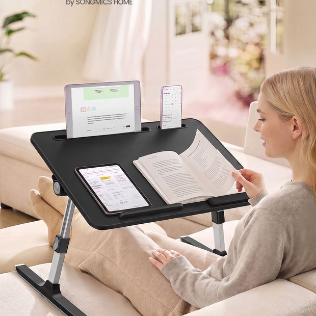 Laptoptafel voor op Bed – Aluminium – Met Lade en Tabletsleuf – 60 x 40 x 25 cm – Inktzwart