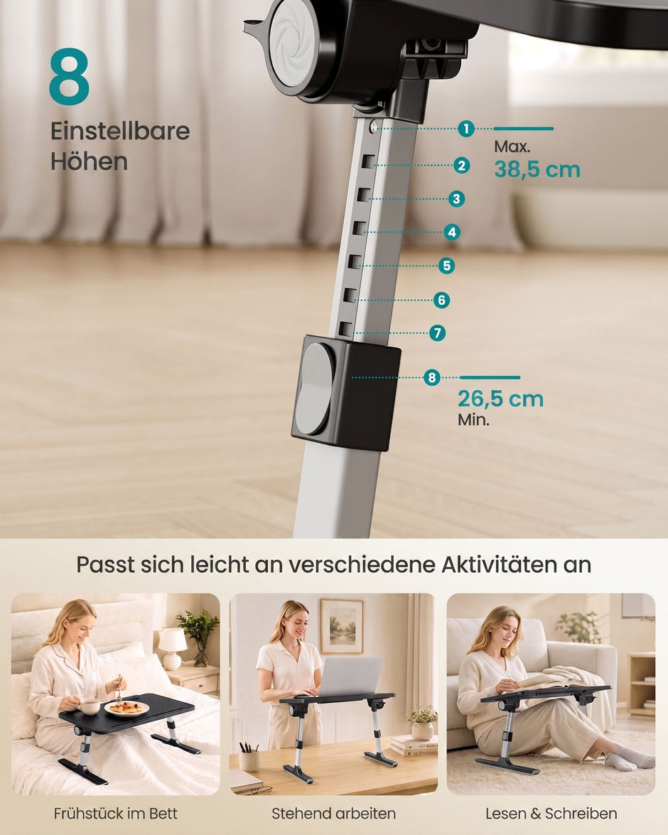 Laptoptafel voor op Bed – Aluminium – Met Lade en Tabletsleuf – 60 x 40 x 25 cm – Inktzwart