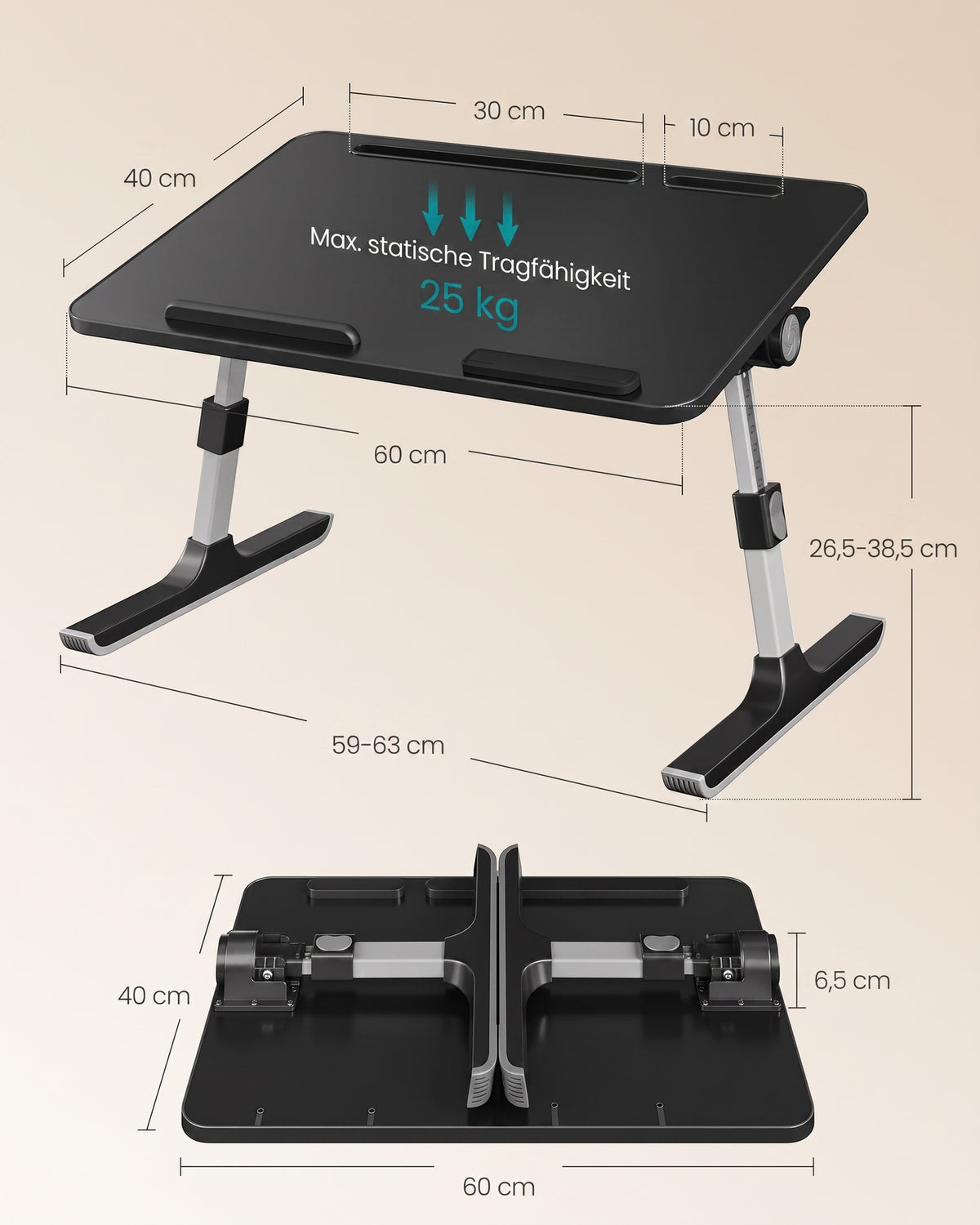 Laptoptafel voor op Bed – Aluminium – Met Lade en Tabletsleuf – 60 x 40 x 25 cm – Inktzwart