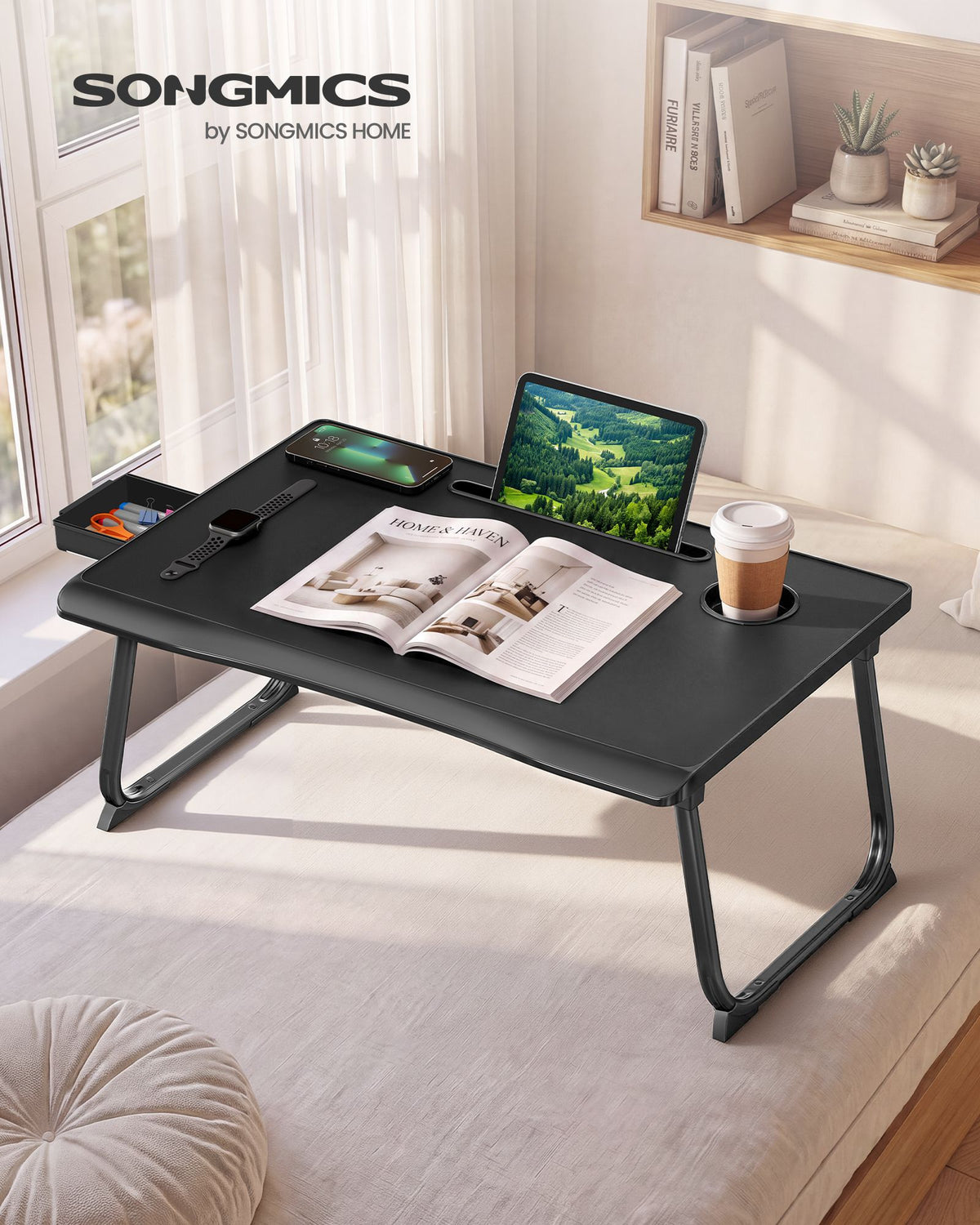 Laptoptafel voor op Bed – Inklapbaar – Met Lade – 60 x 40 x 27 cm – Inktzwart