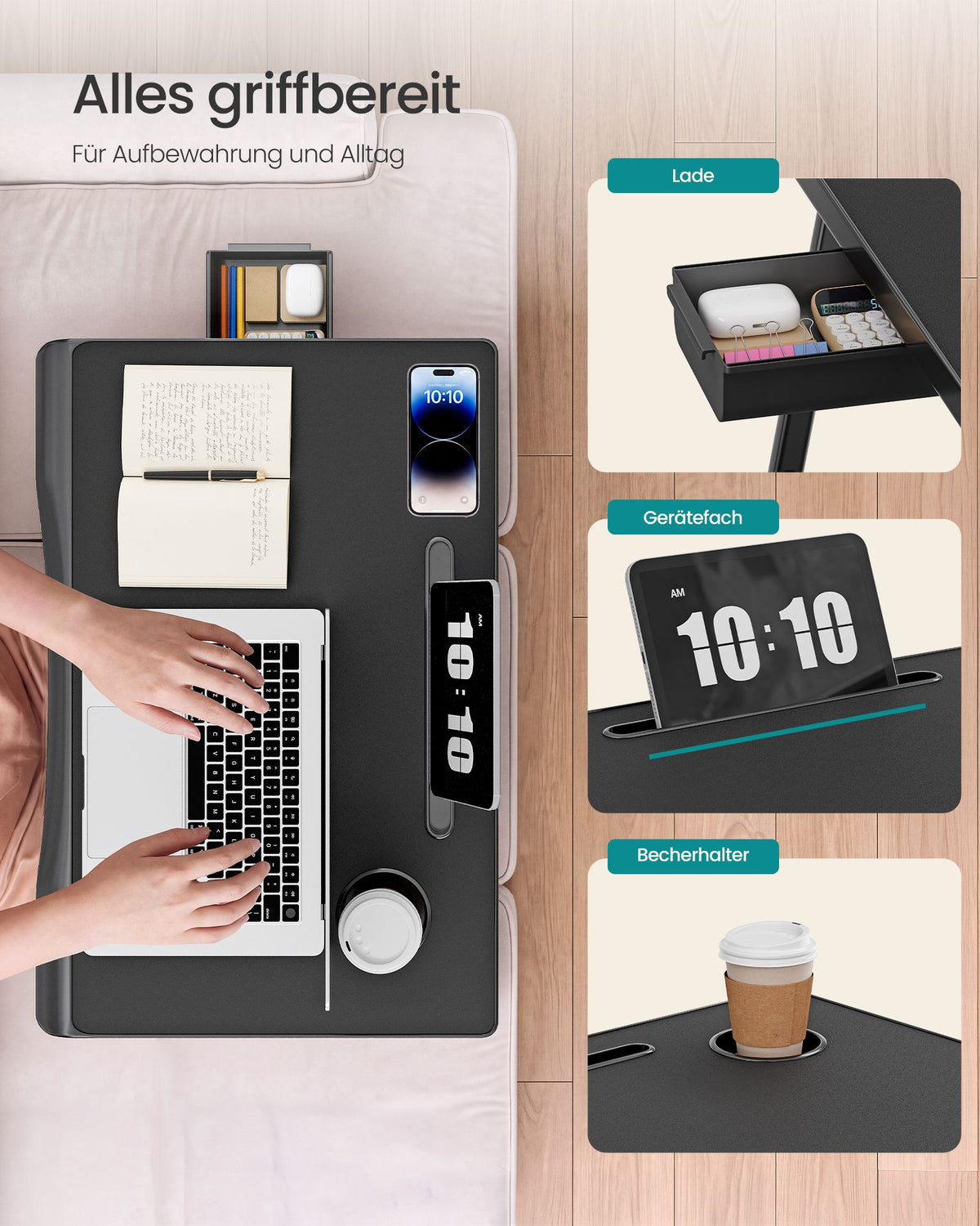 Laptoptafel voor op Bed – Inklapbaar – Met Lade – 60 x 40 x 27 cm – Inktzwart