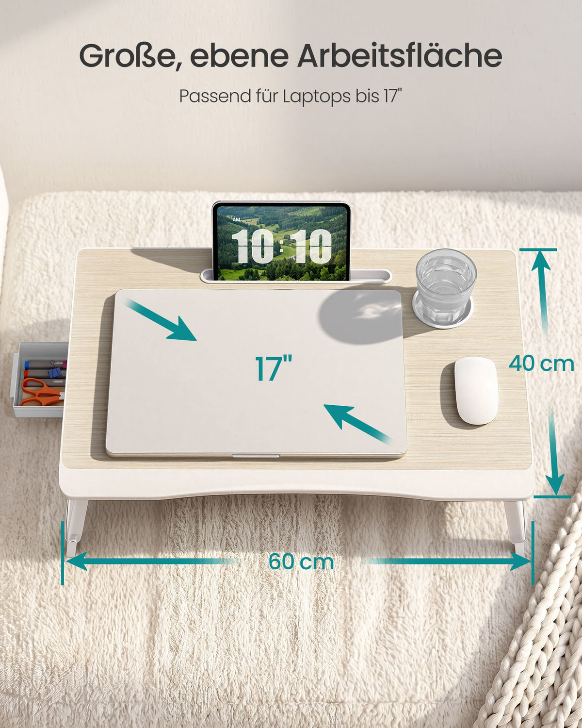 Laptoptafel voor op Bed – Inklapbaar – Met Lade – 60 x 40 x 27 cm – Natuurbeige