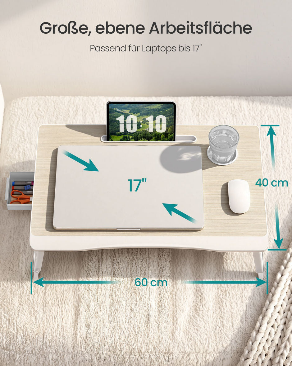 Laptoptafel voor op Bed – Inklapbaar – Met Lade – 60 x 40 x 27 cm – Natuurbeige