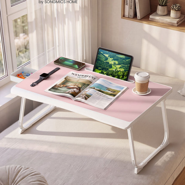 Laptoptafel voor op Bed – Inklapbaar – Met Lade – 60 x 40 x 27 cm – Pastelroze