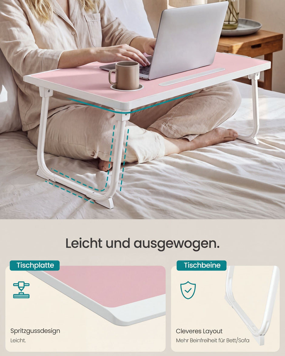 Laptoptafel voor op Bed – Inklapbaar – Met Lade – 60 x 40 x 27 cm – Pastelroze
