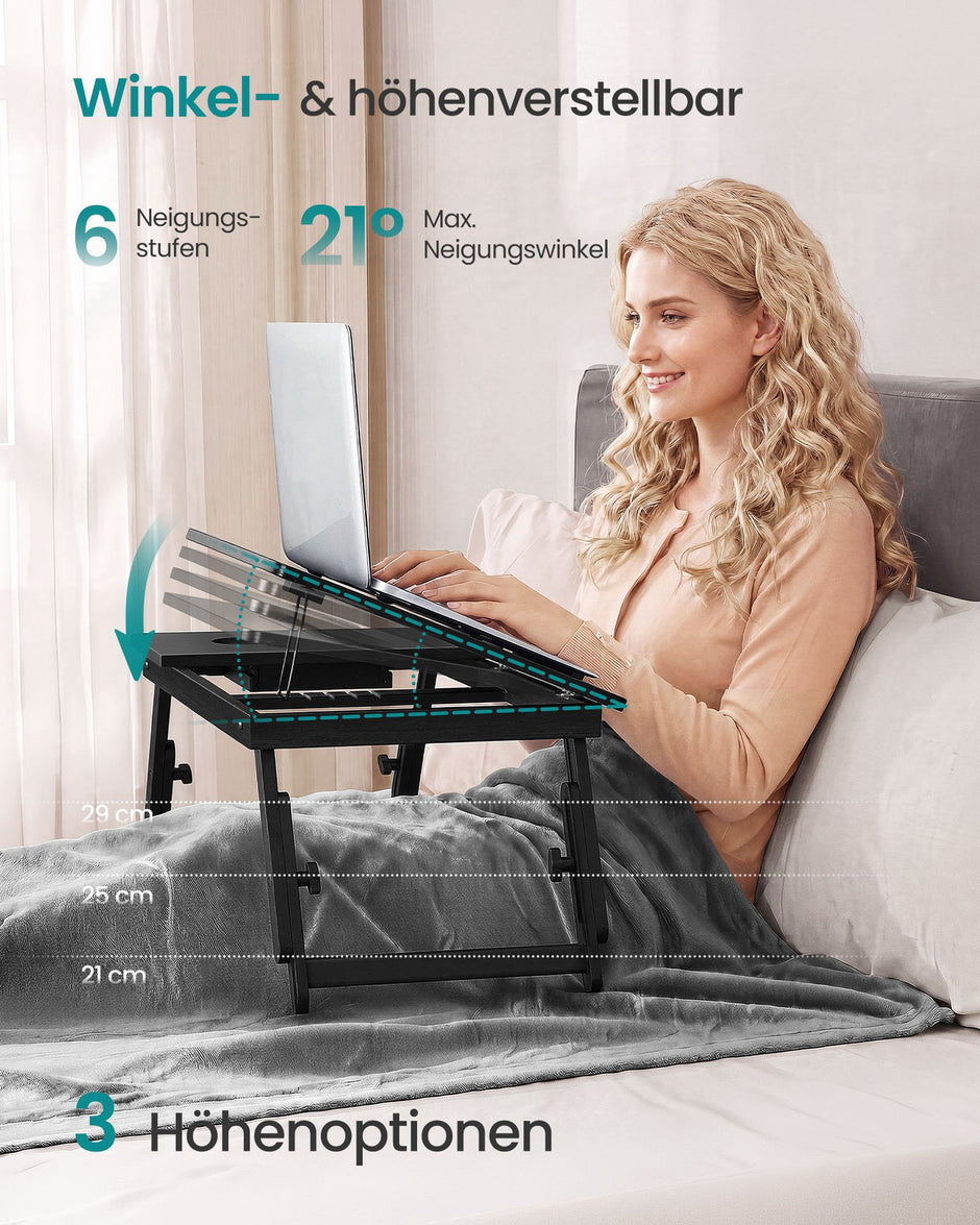 Laptoptafel – Verstelbaar – MDF en Bamboe – Met Lade – 55,5 x 35 x 30 cm – Zwart