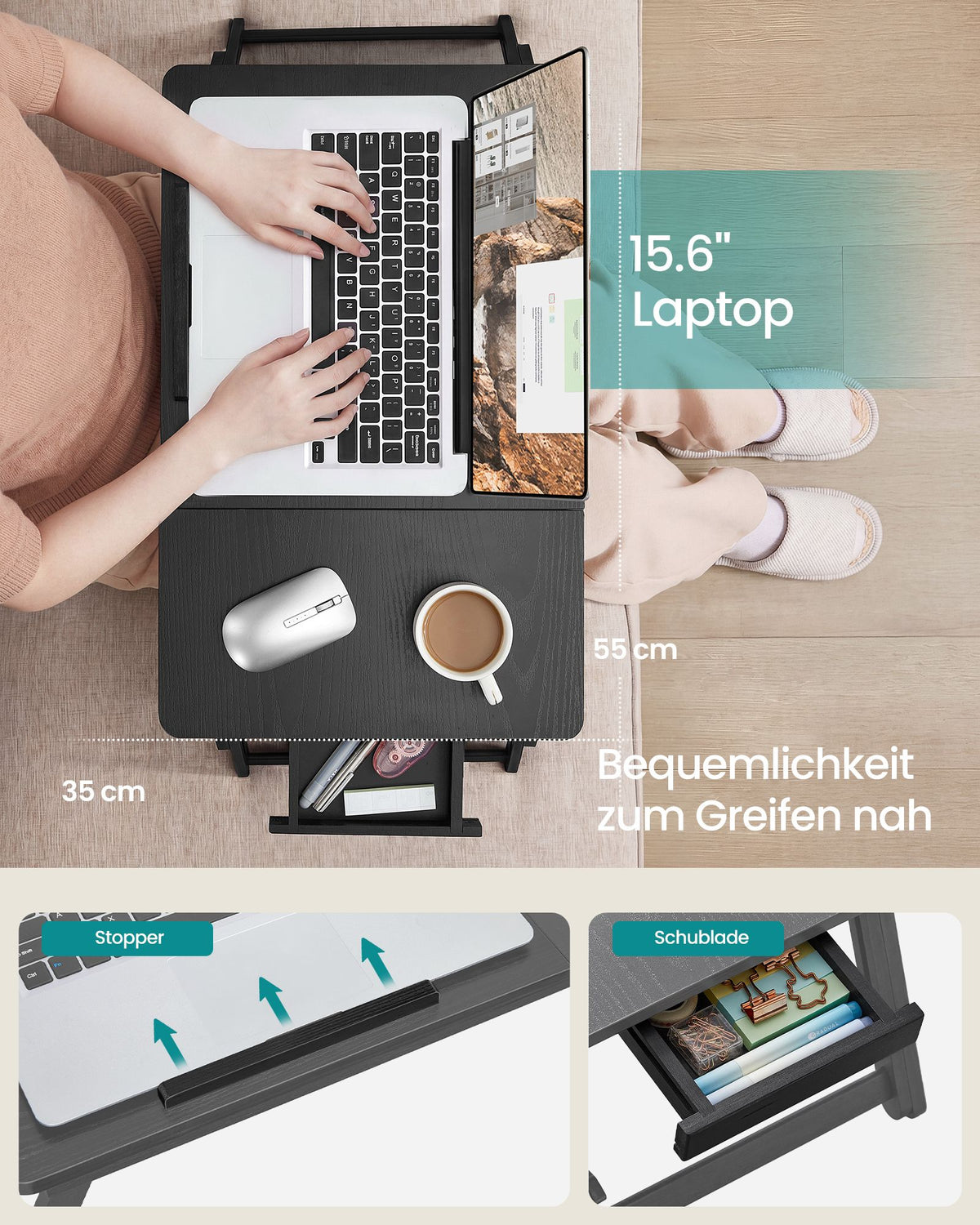 Laptoptafel – Verstelbaar – MDF en Bamboe – Met Lade – 55,5 x 35 x 30 cm – Zwart