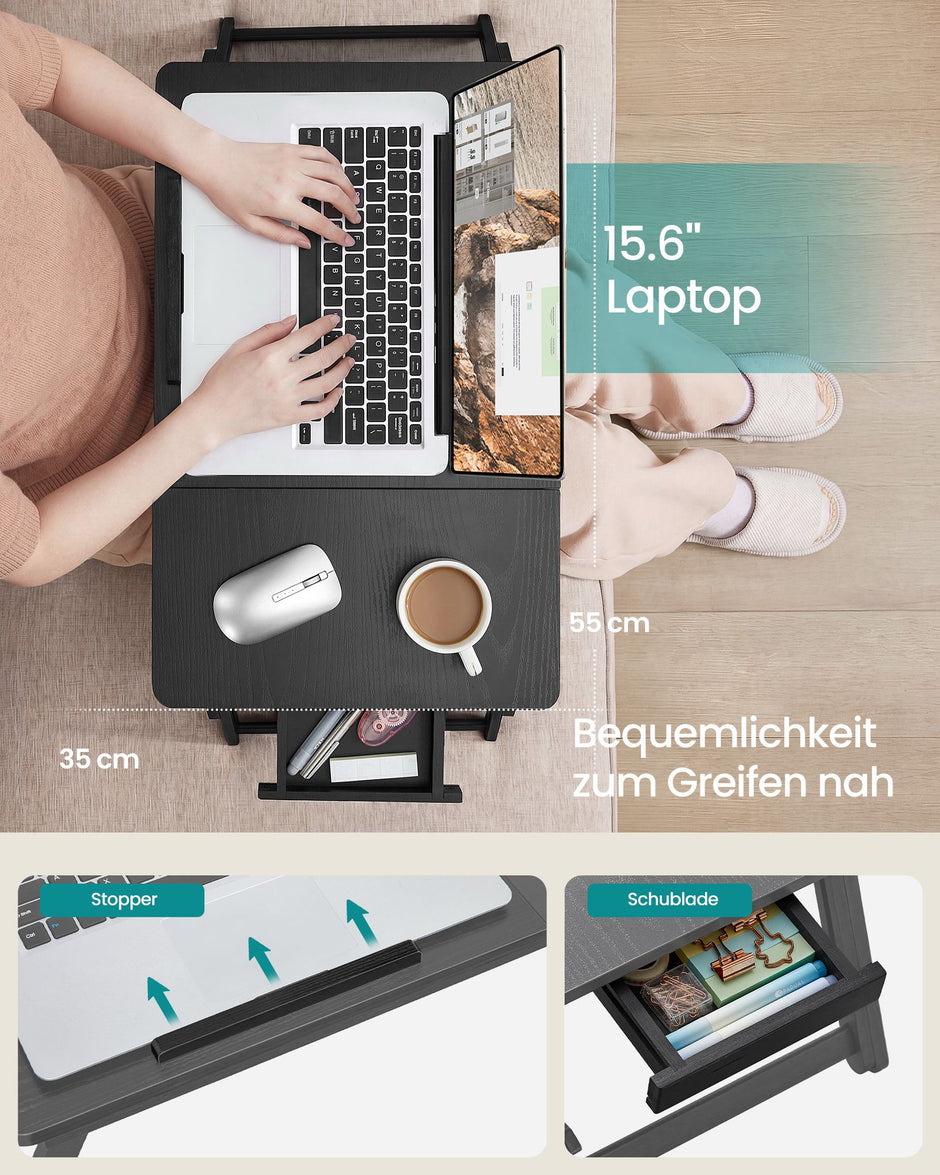 Laptoptafel – Verstelbaar – MDF en Bamboe – Met Lade – 55,5 x 35 x 30 cm – Zwart