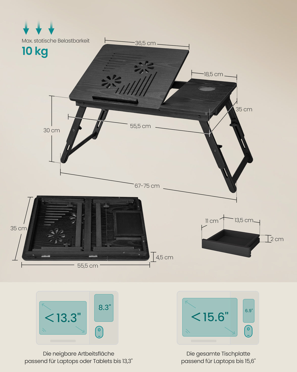 Laptoptafel – Verstelbaar – MDF en Bamboe – Met Lade – 55,5 x 35 x 30 cm – Zwart